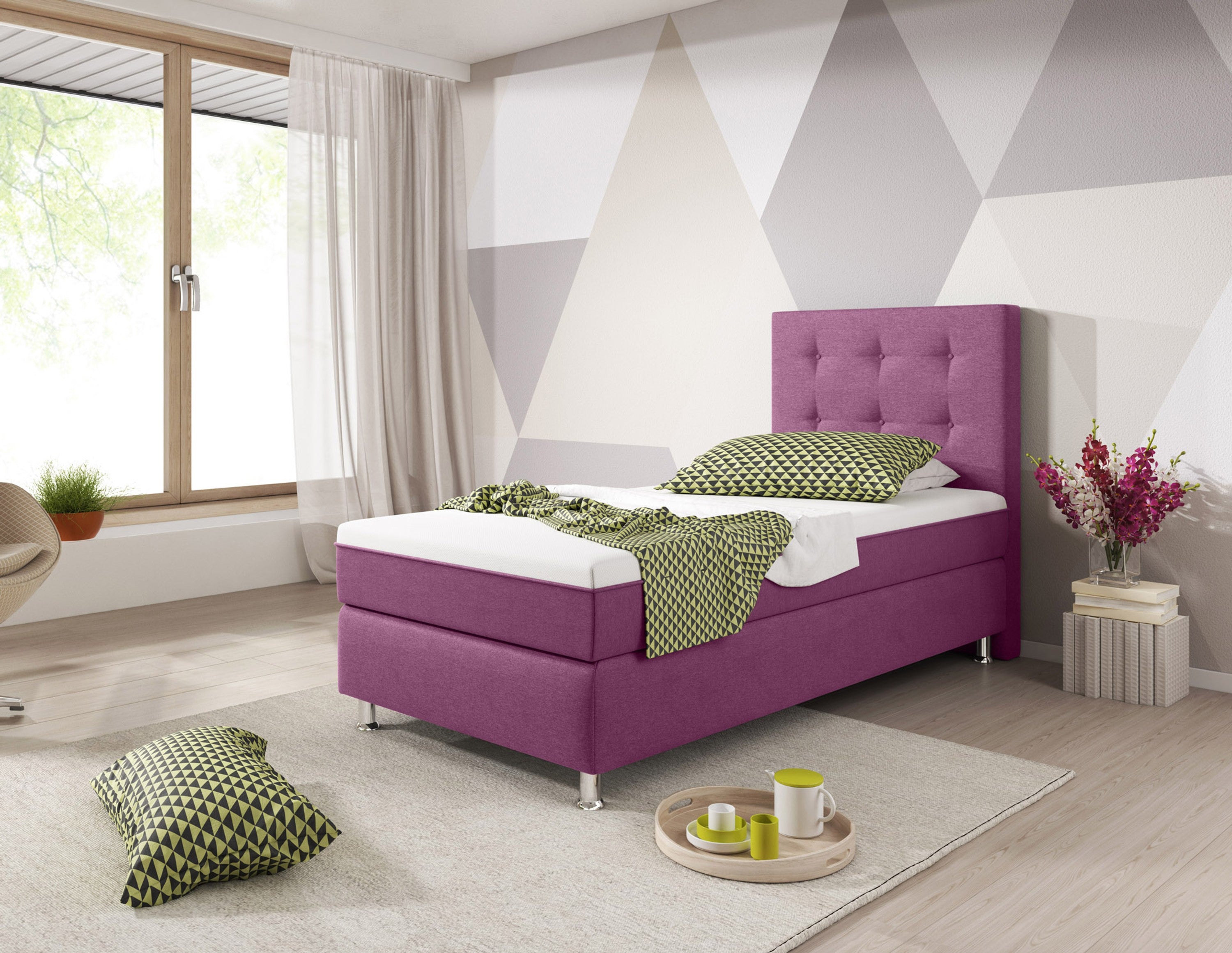 Boxspringbett Köln Plus 90x200 cm Webstoff Pink mit Topper-Optik