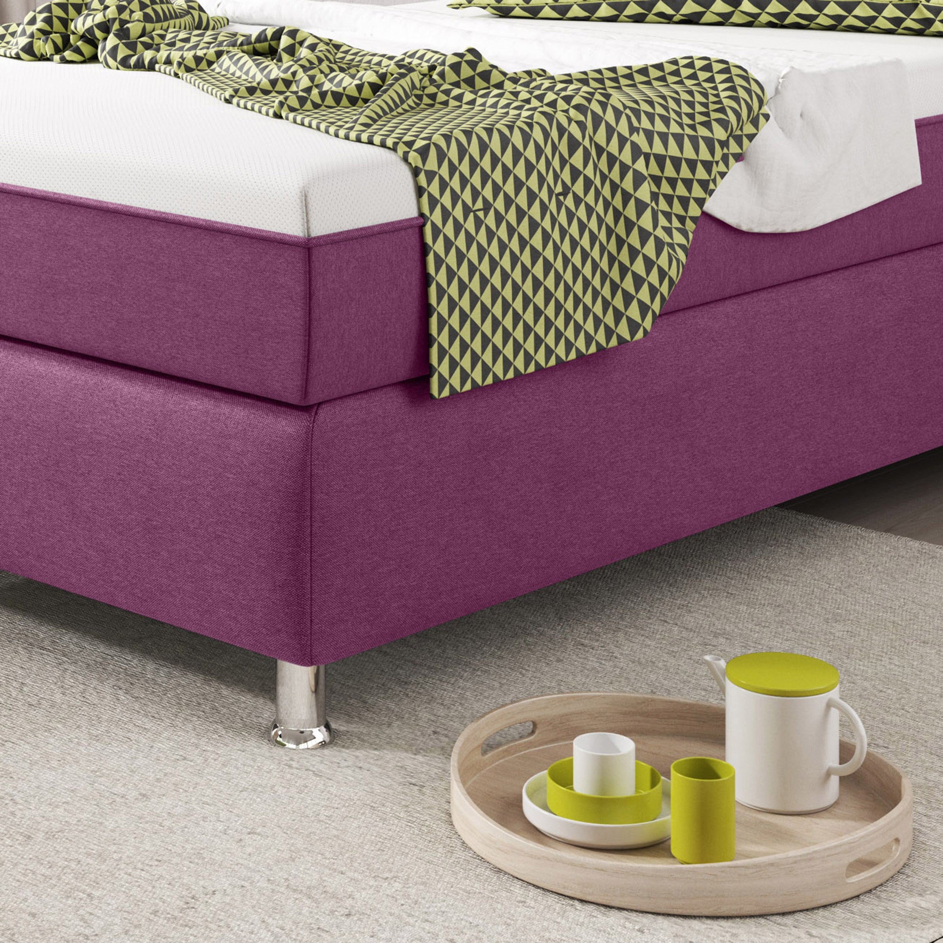 Boxspringbett Köln Plus 90x200 cm Webstoff Pink mit Topper-Optik