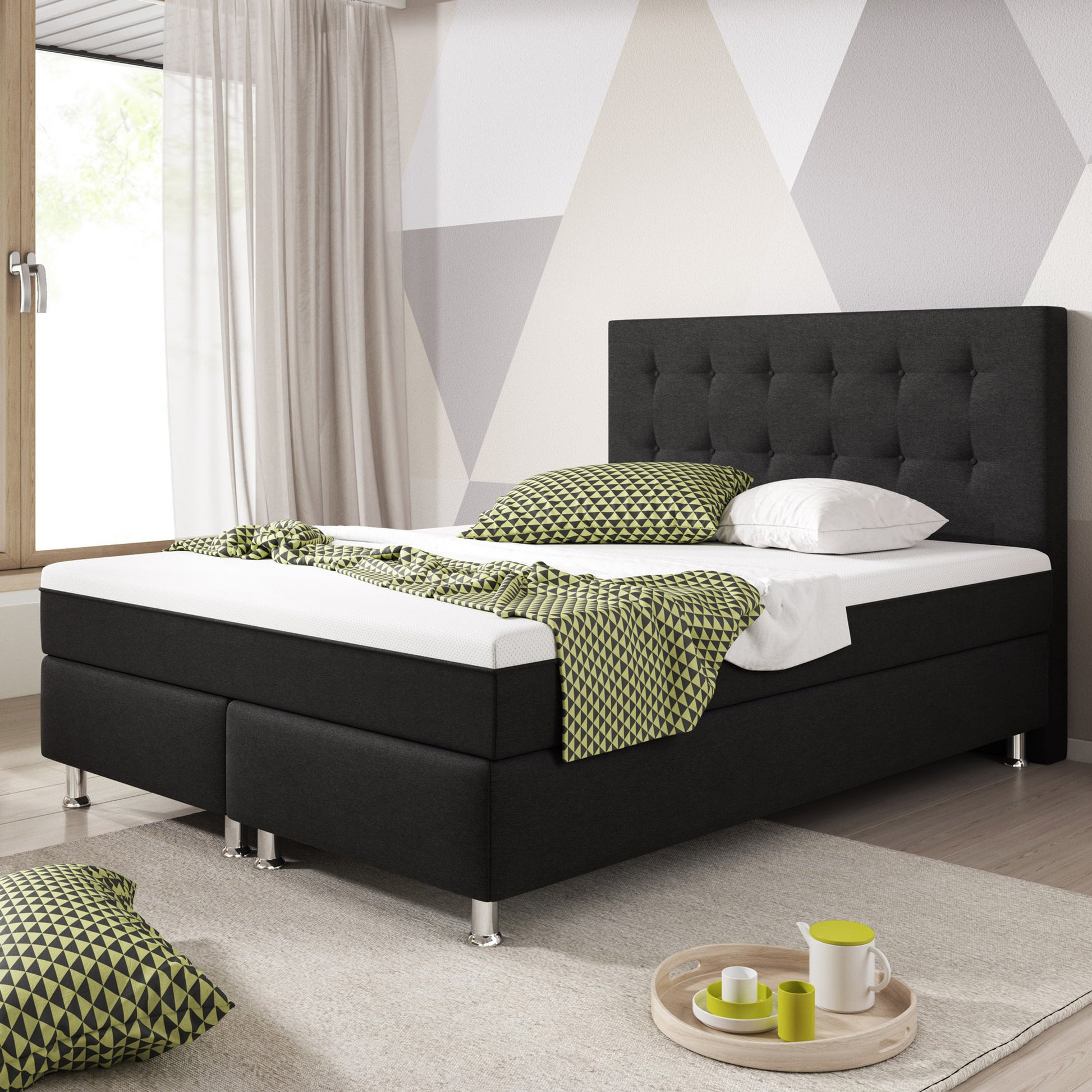 Boxspringbett KN0018 140x200 cm Webstoff Schwarz mit Topper-Optik - Interbed