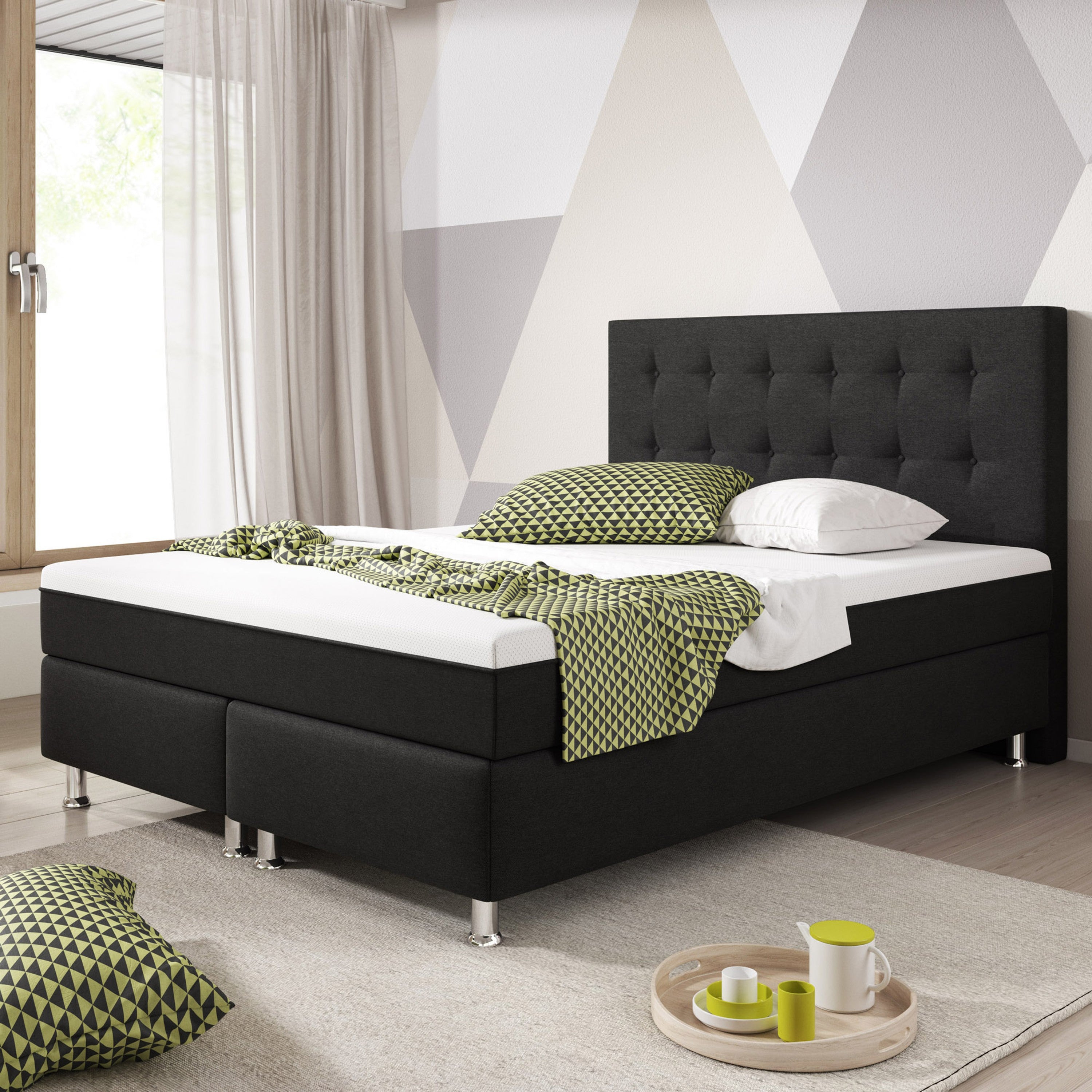Boxspringbett KN0018 140x200 cm Webstoff Schwarz mit Topper-Optik - Interbed