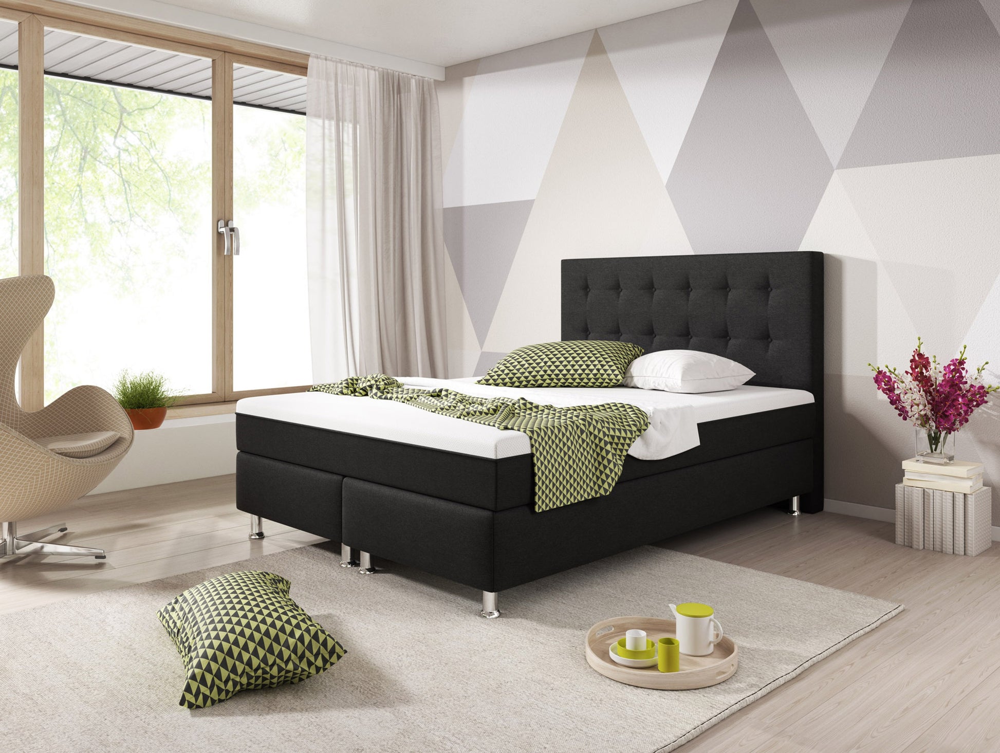 Boxspringbett KN0018 140x200 cm Webstoff Schwarz mit Topper-Optik - Interbed