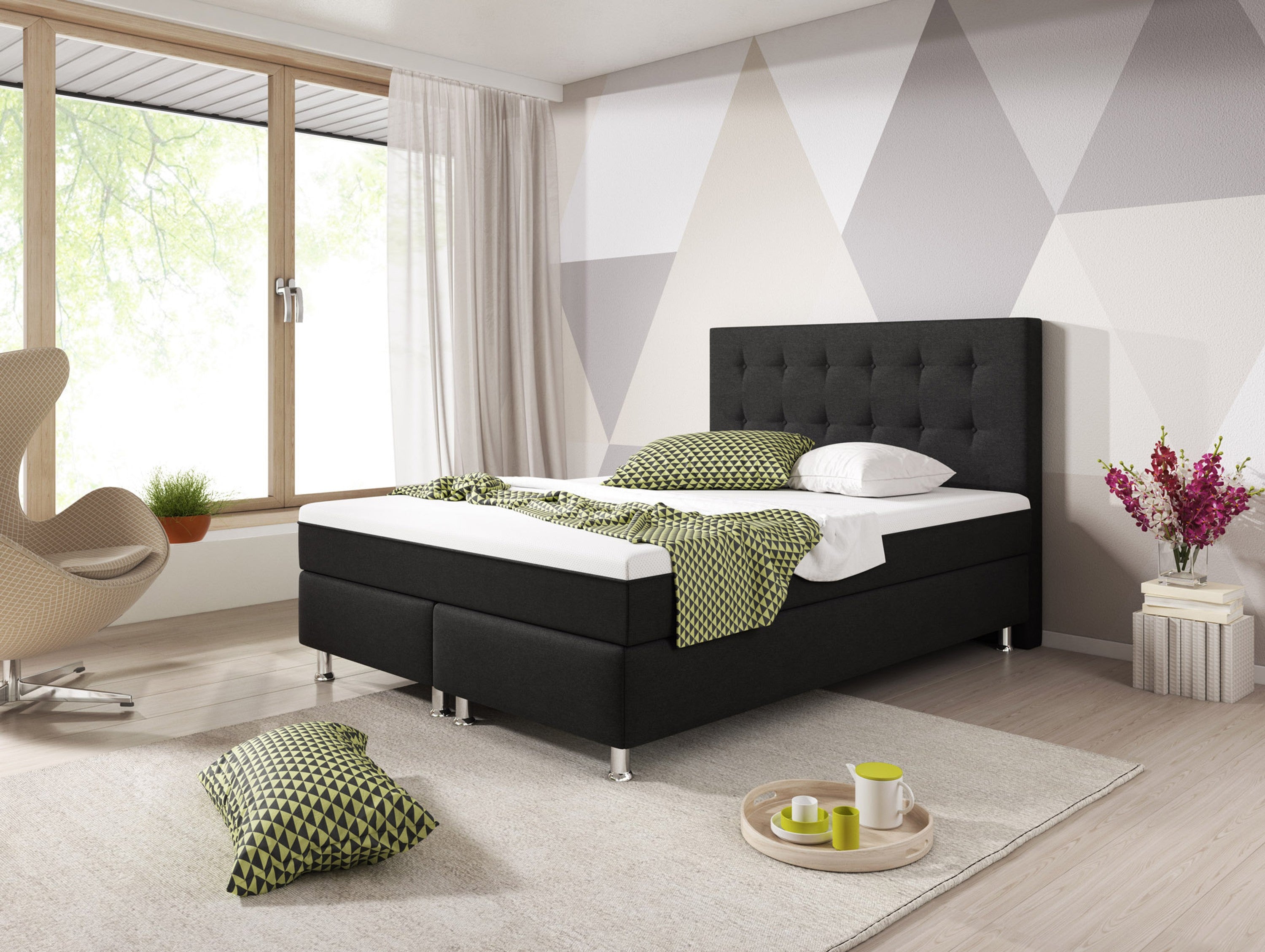 Boxspringbett KN0018 140x200 cm Webstoff Schwarz mit Topper-Optik - Interbed
