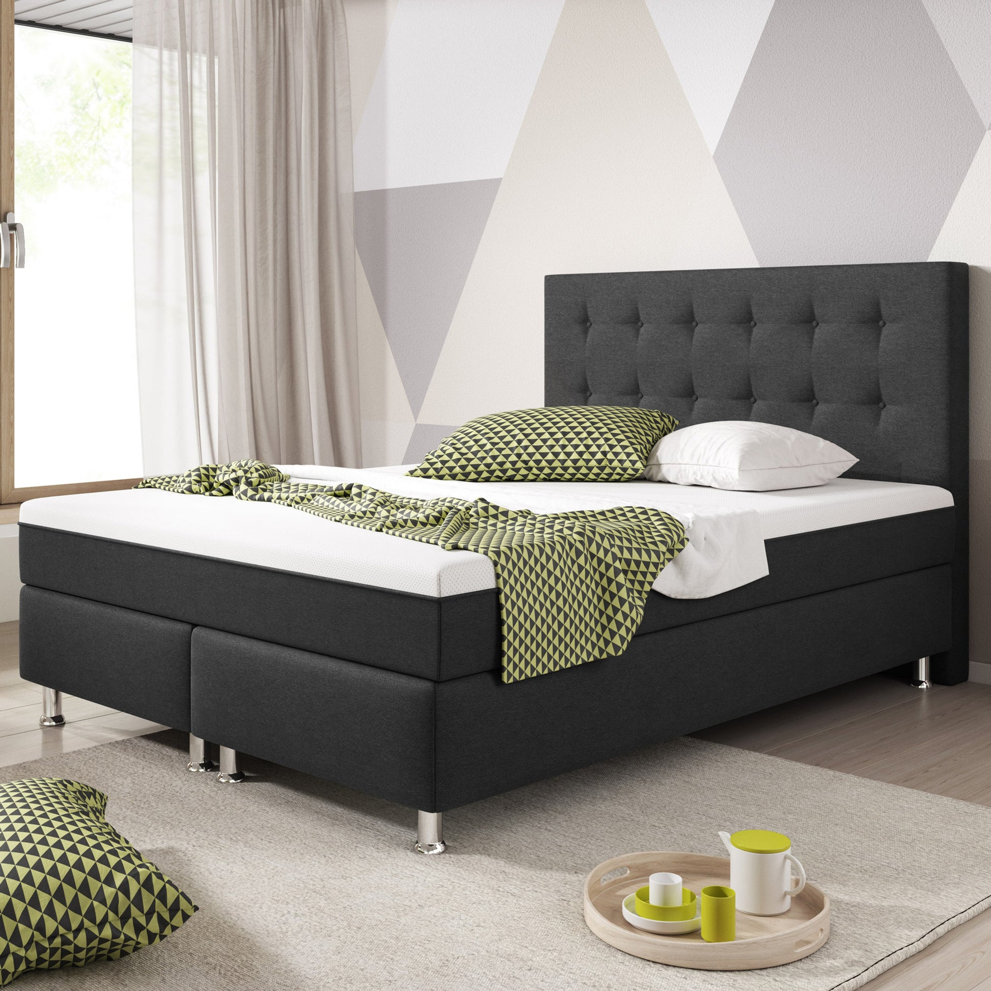 Boxspringbett KN0025 140x200 cm Webstoff Anthrazit mit Topper-Optik - Interbed