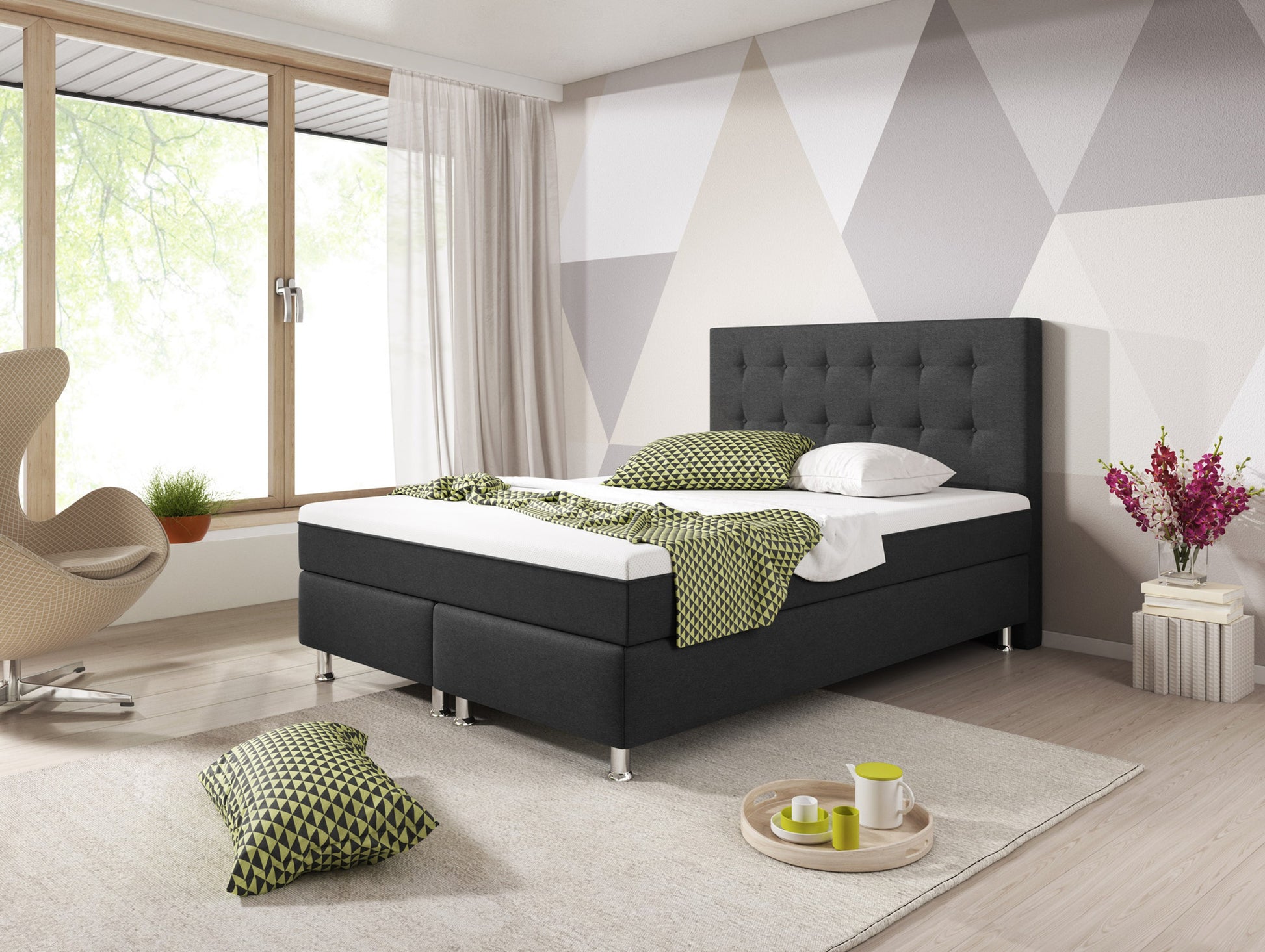 Boxspringbett KN0025 140x200 cm Webstoff Anthrazit mit Topper-Optik - Interbed