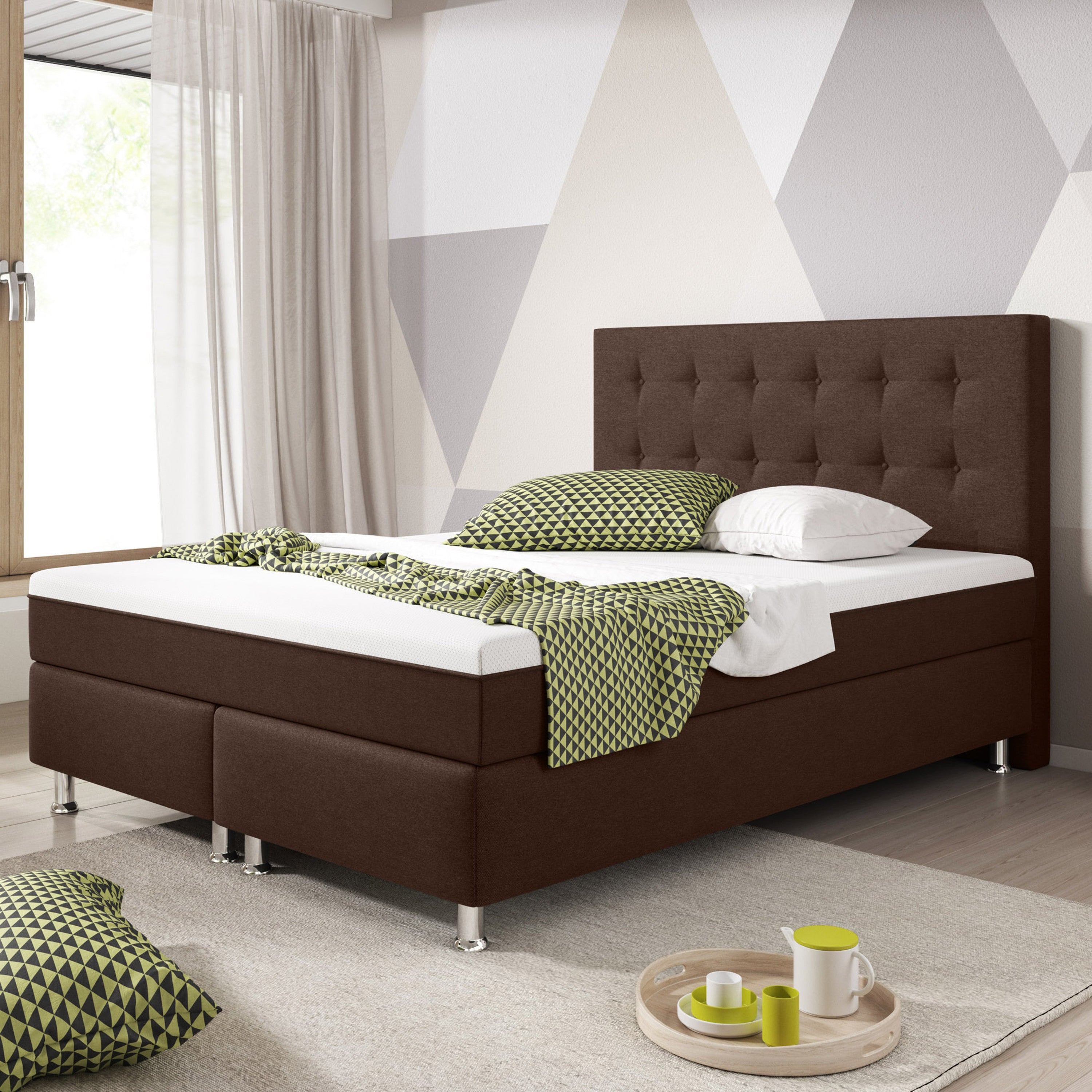 Boxspringbett KN0026 140x200 cm Webstoff Braun mit Topper-Optik - Interbed