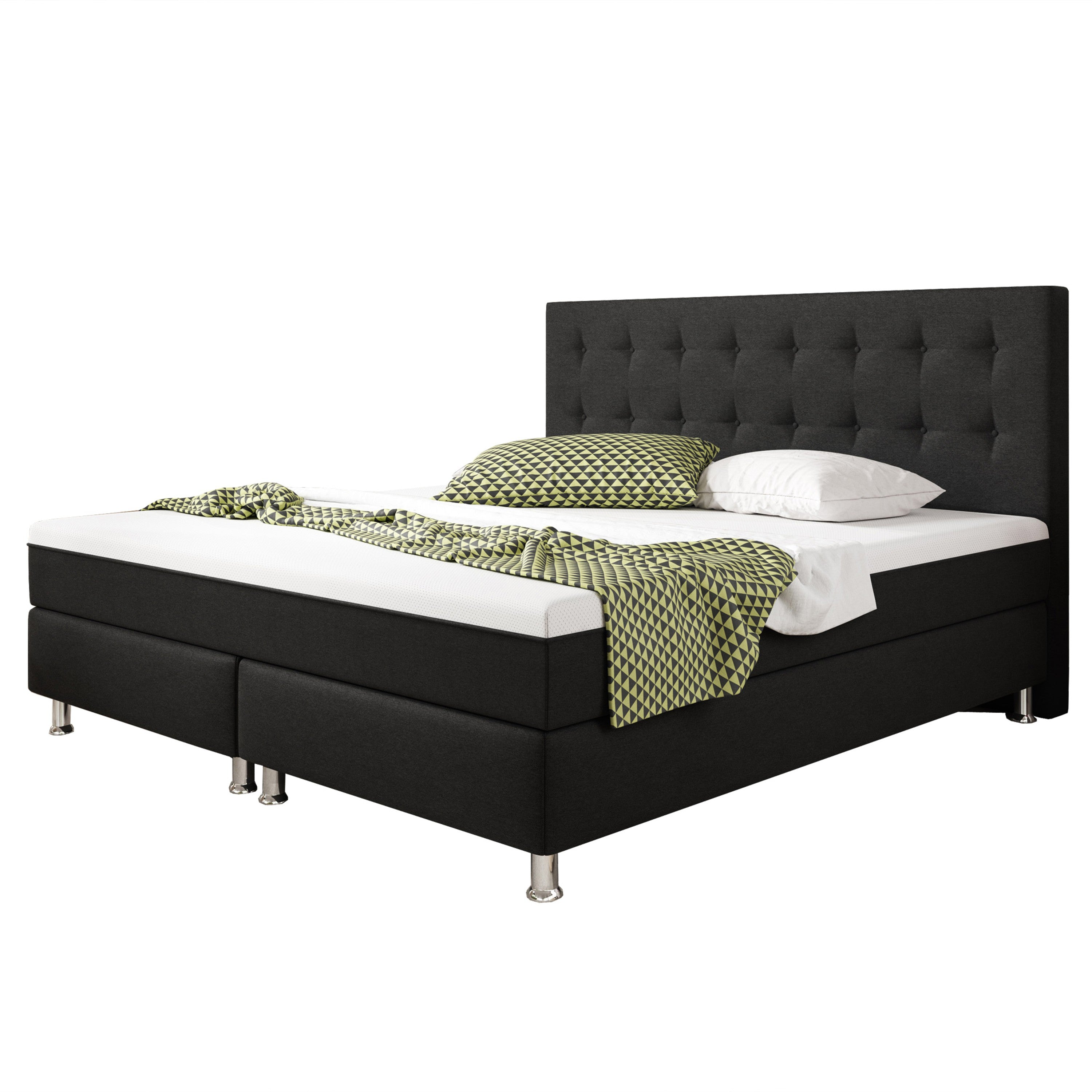 Boxspringbett KN0016 180x200 cm Webstoff Schwarz mit Topper-Optik - Interbed