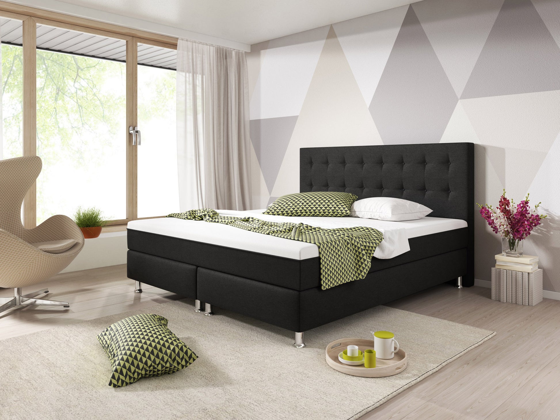 Boxspringbett KN0016 180x200 cm Webstoff Schwarz mit Topper-Optik - Interbed