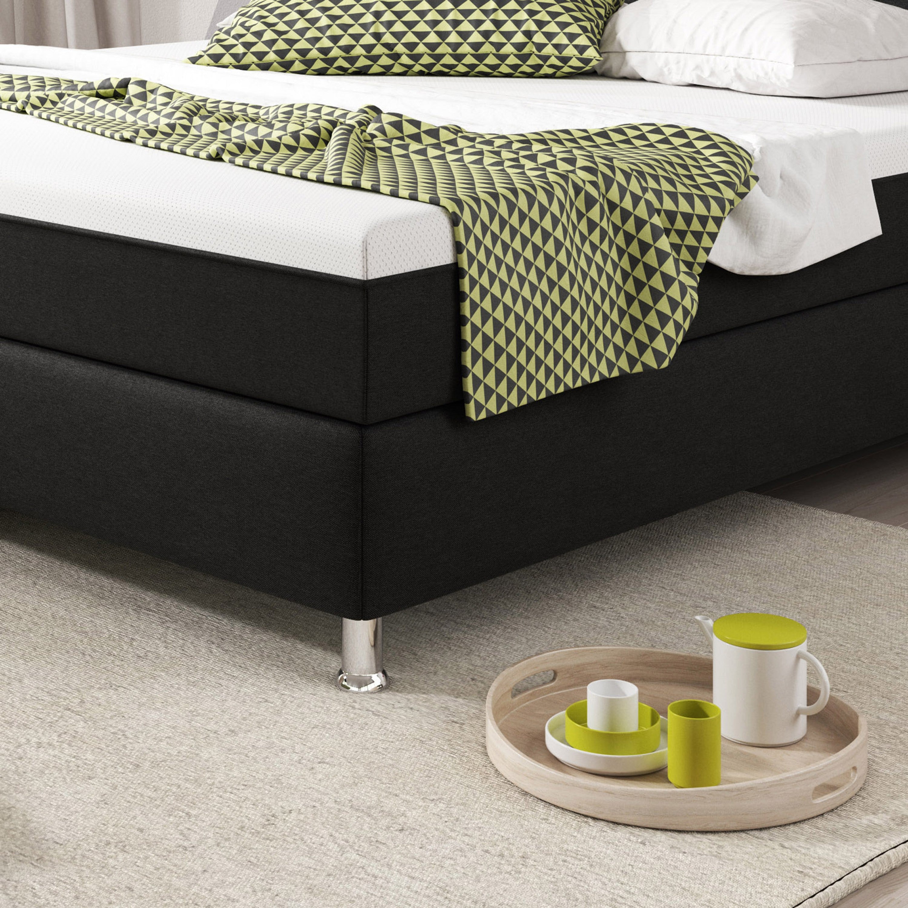 Boxspringbett Köln Plus 180x200 cm Webstoff Schwarz mit Topper-Optik