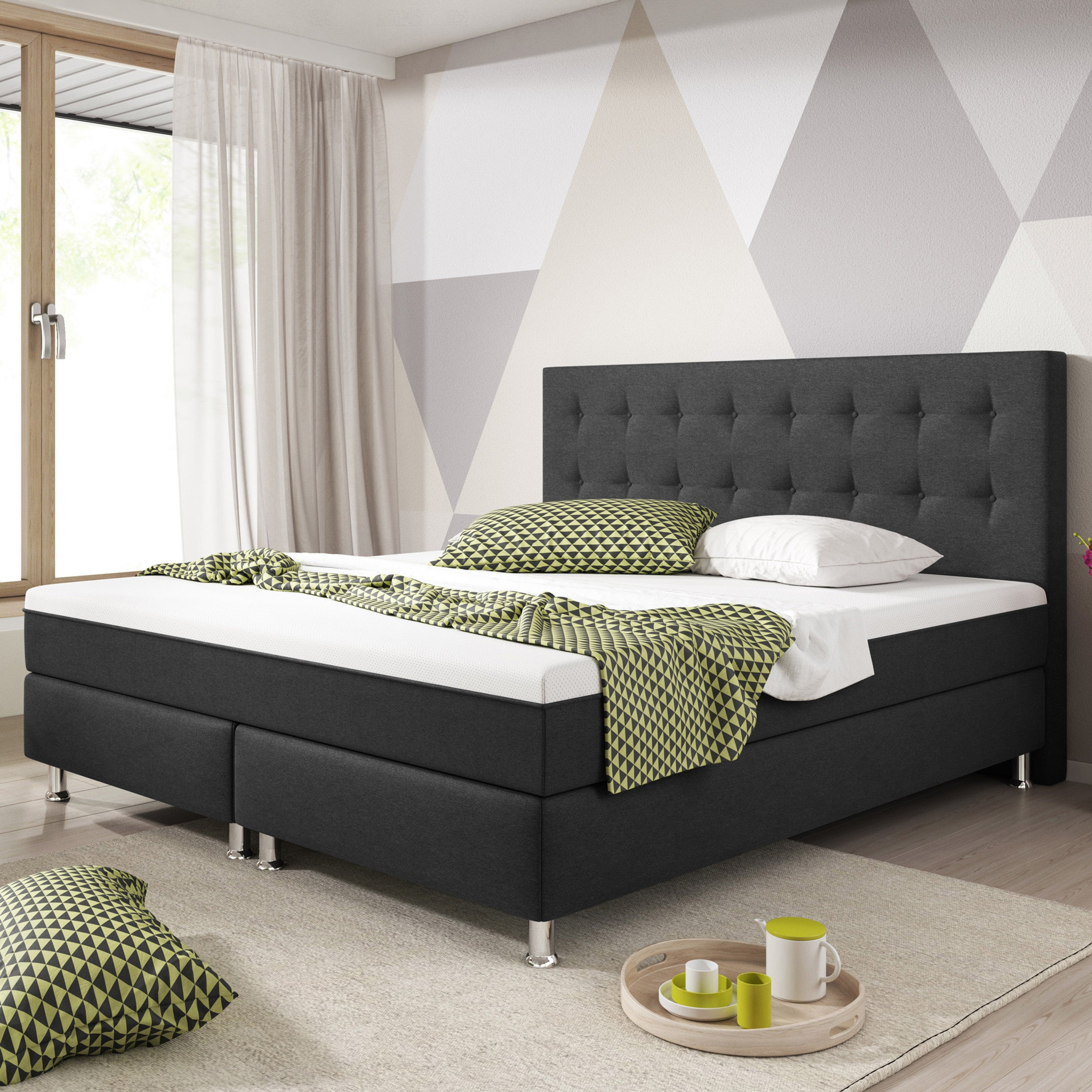 Boxspringbett Köln Plus mit integriertem Topper 180x200 Webstoff Anthrazit - Interbed