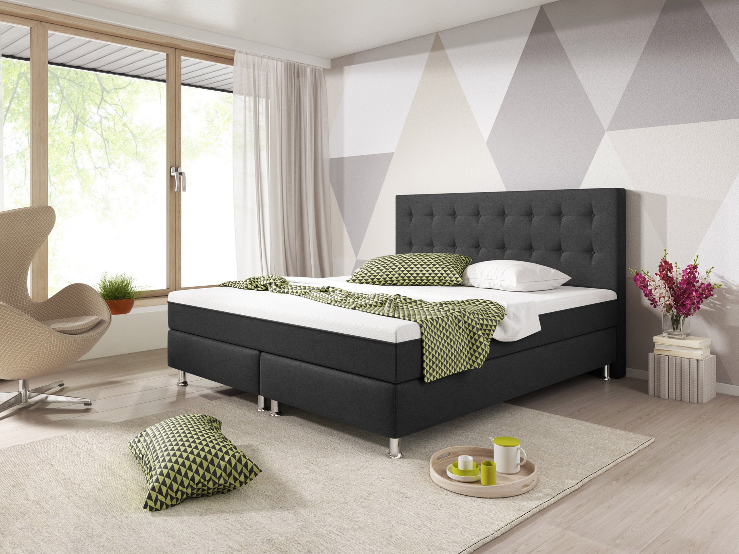 Boxspringbett KN0015 180x200 cm Webstoff Anthrazit mit Topper-Optik - Interbed