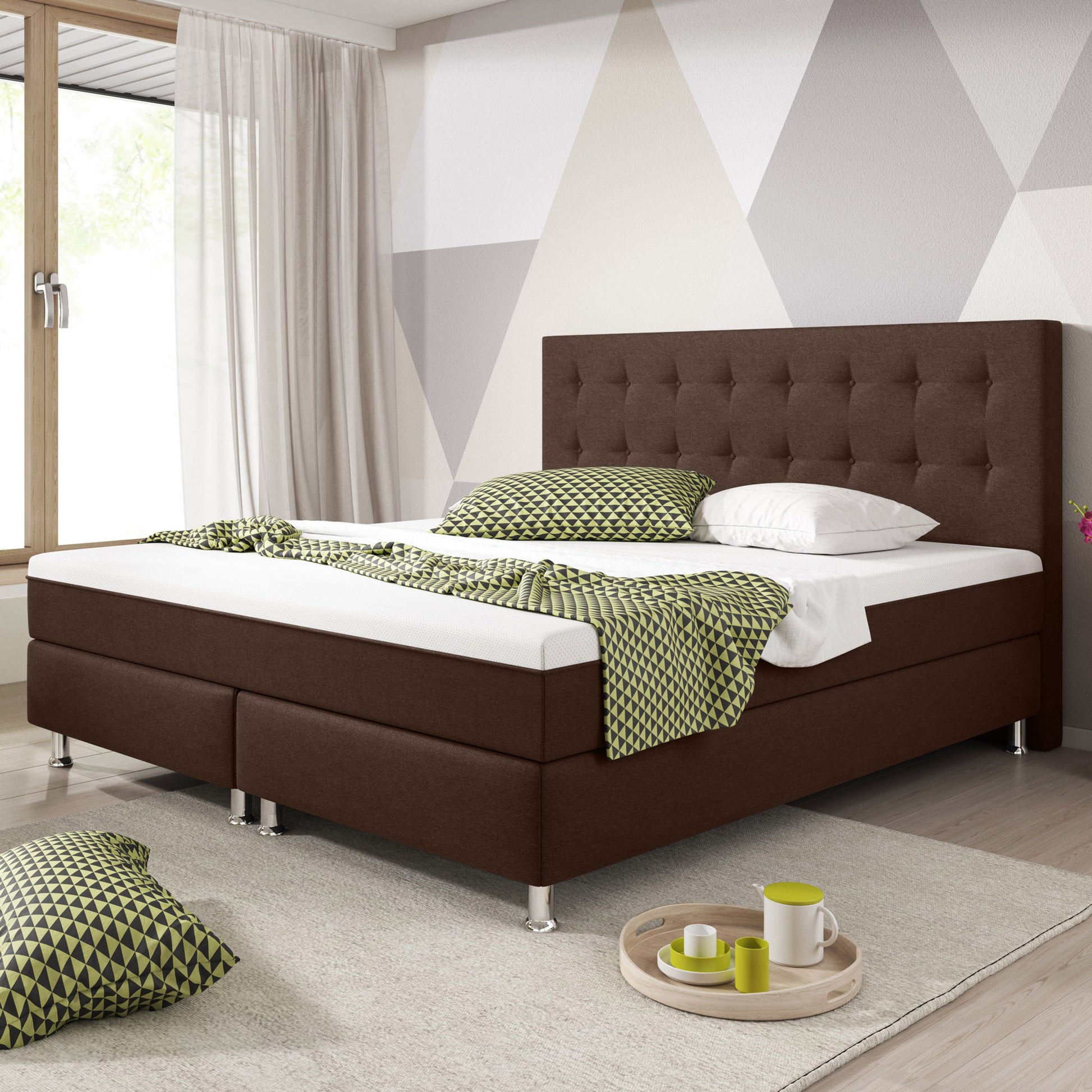 Boxspringbett KN0014 180x200 cm Webstoff Braun mit Topper-Optik - Interbed