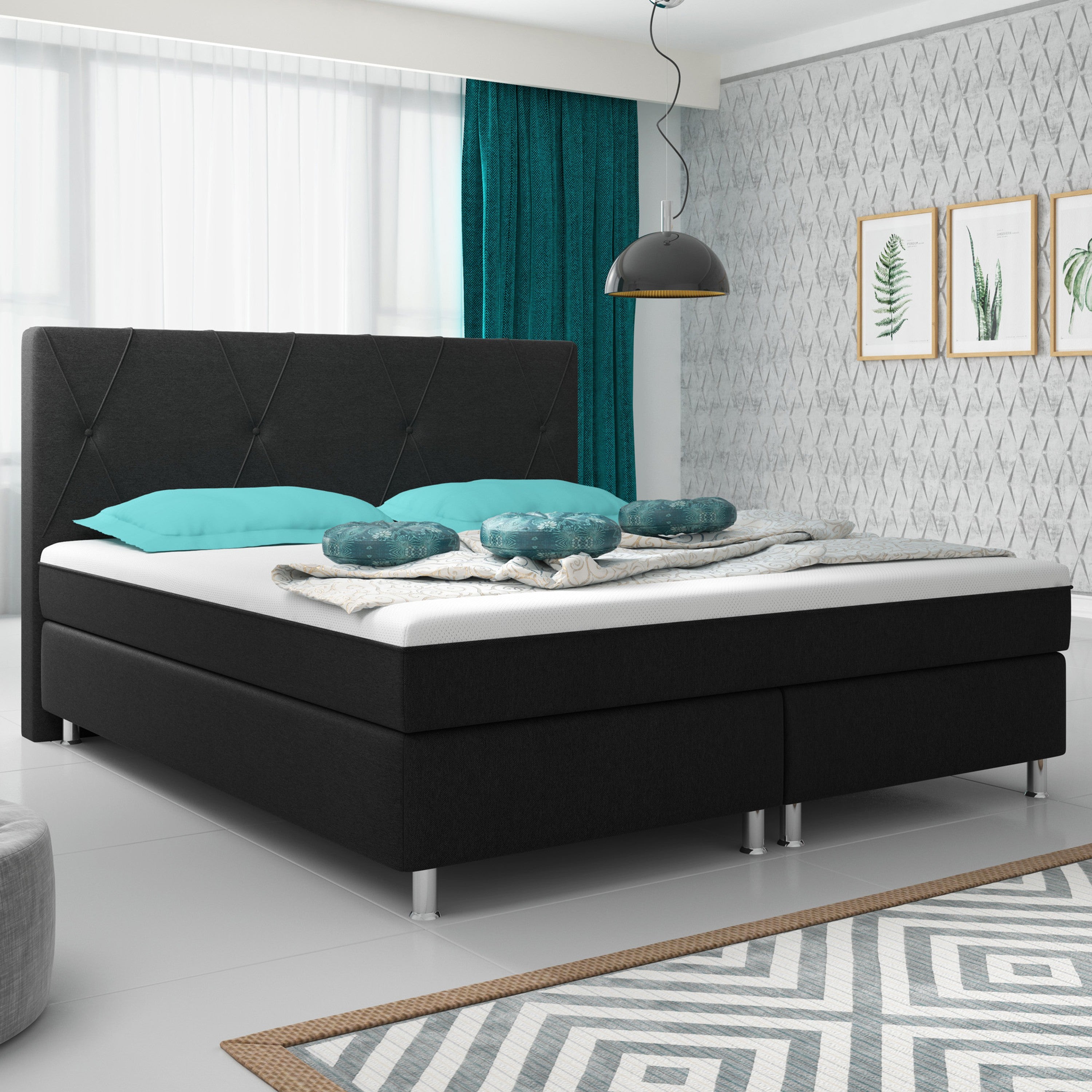 Boxspringbett Boston Plus mit integriertem Topper 180x200 Webstoff Schwarz - Interbed