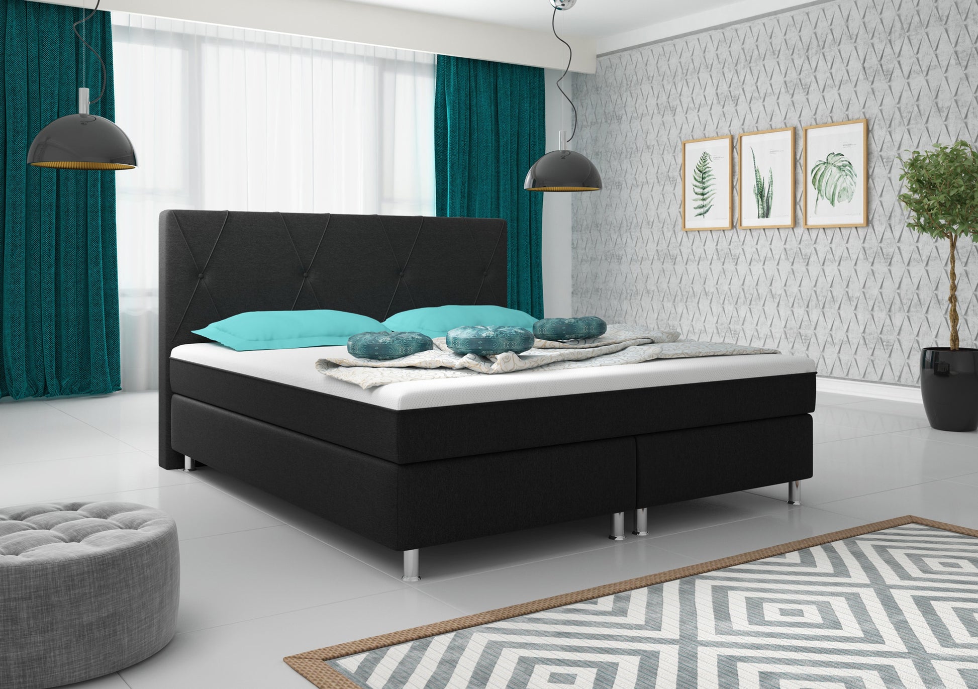Boxspringbett Boston Plus mit integriertem Topper 180x200 Webstoff Schwarz - Interbed