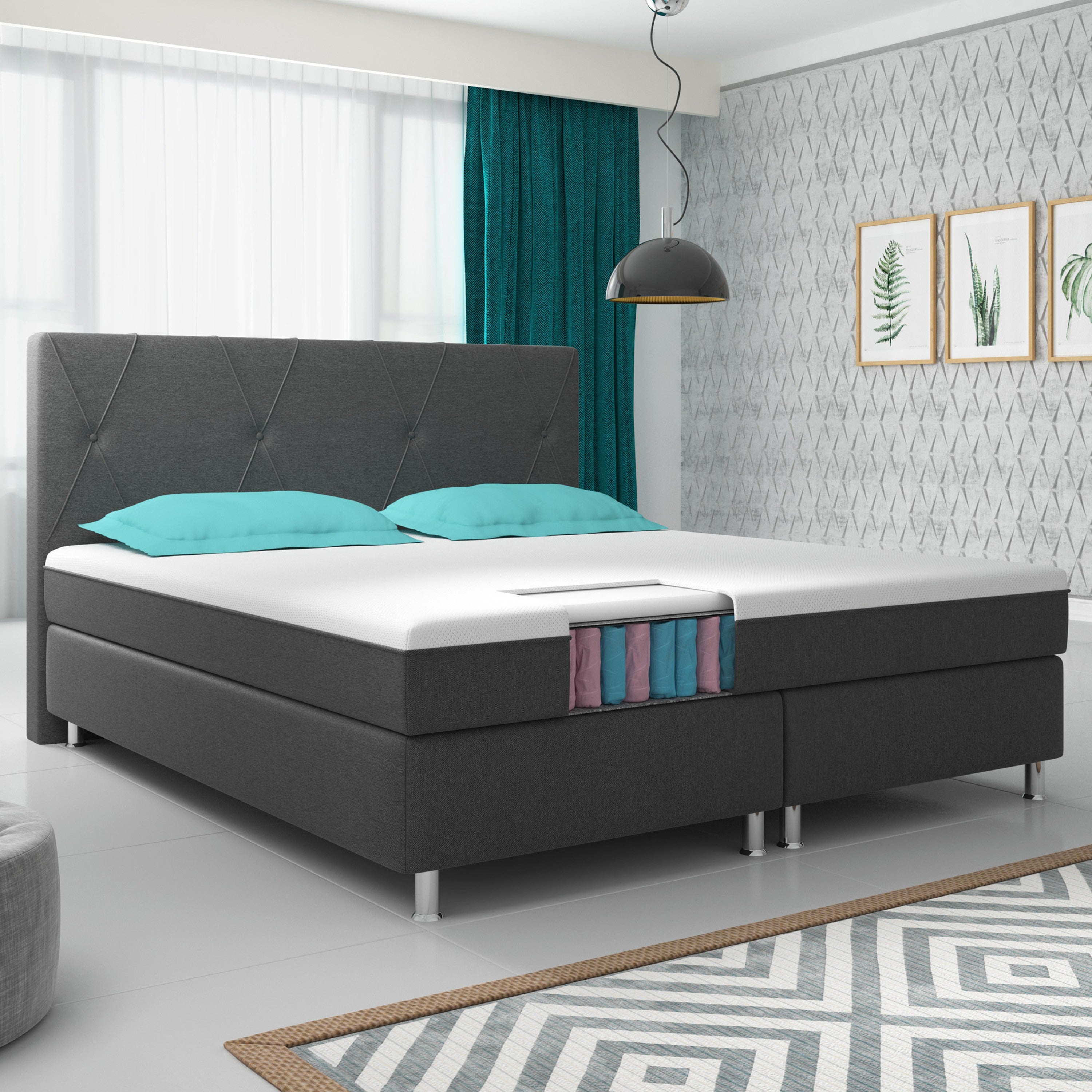 Boxspringbett Boston Plus mit integriertem Topper 180x200 Webstoff Schwarz - Interbed