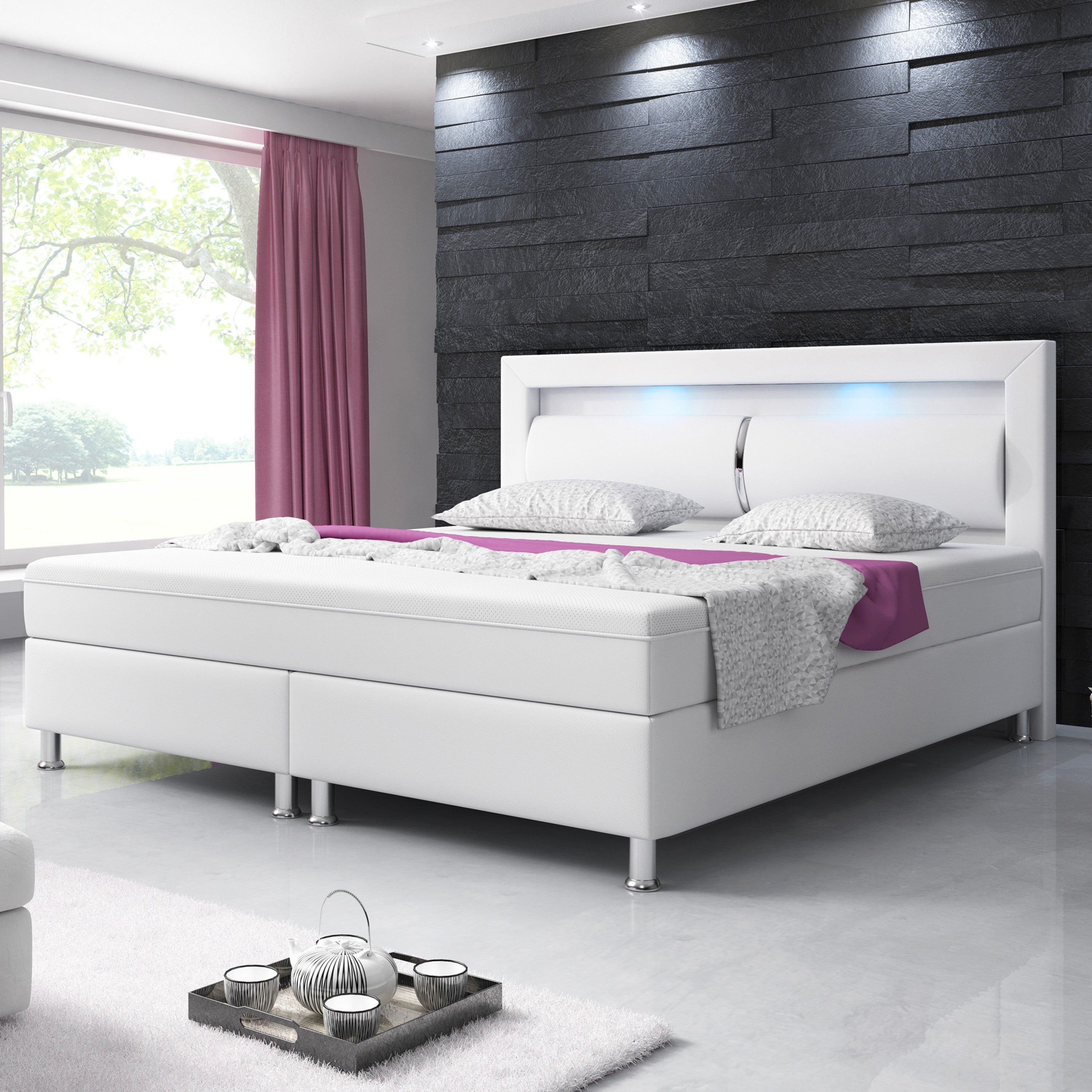 Boxspringbett Milano 180x200 Kunstleder Weiss TYP 6 mit integriertem Topper - Interbed