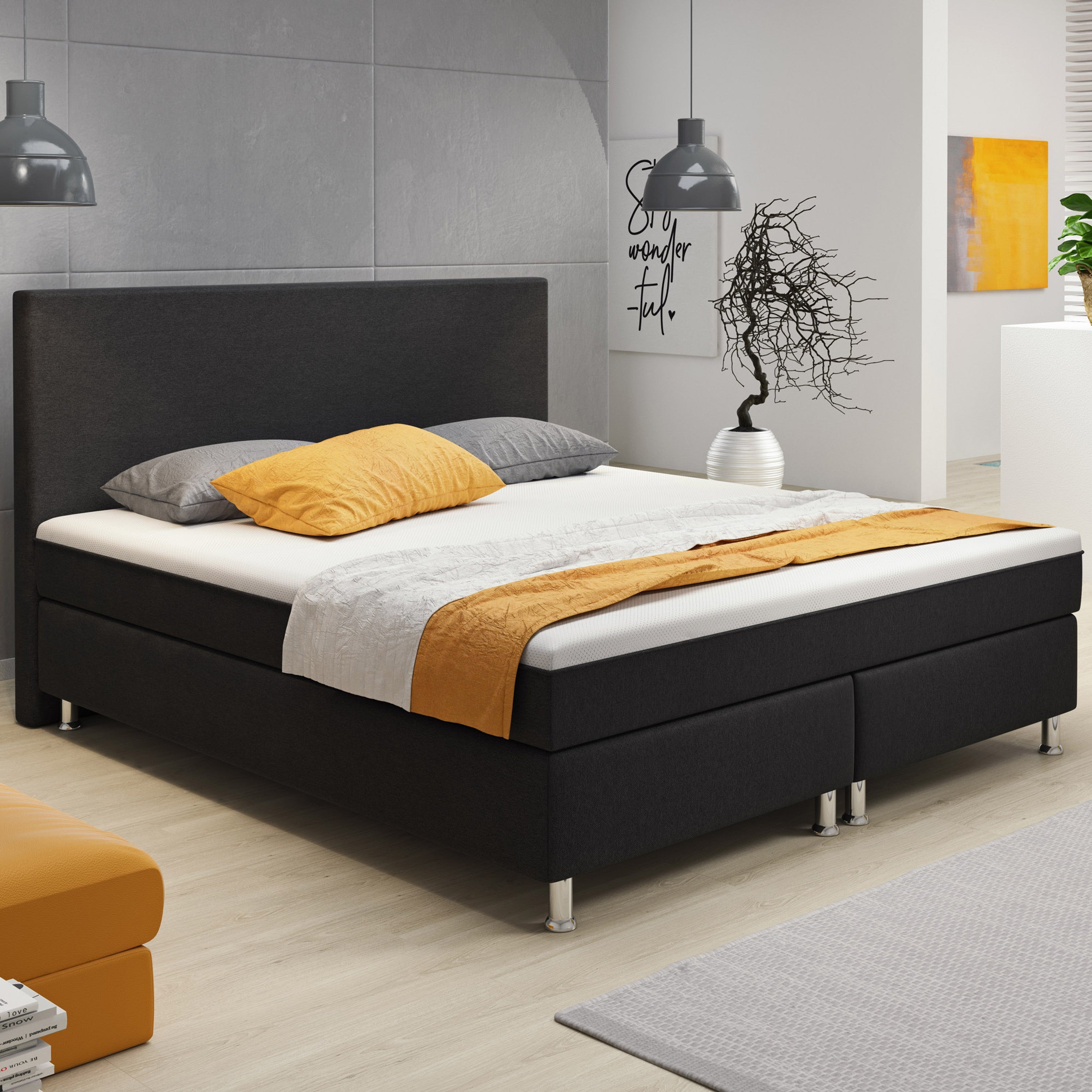 Boxspringbett Berlin 180x200 cm Webstoff Anthrazit Ohne Topper Ohne Matratzen - Interbed