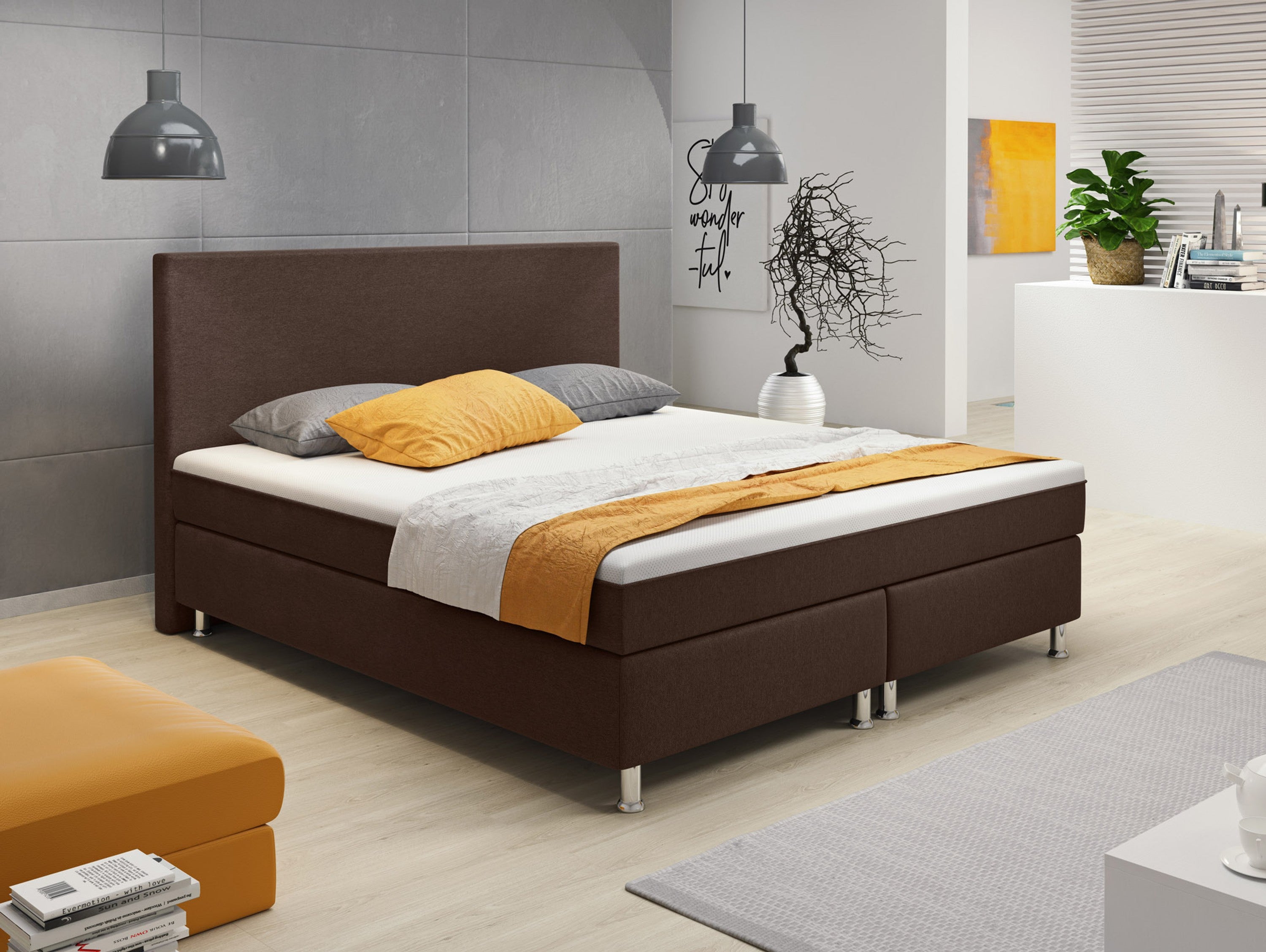 Boxspringbett Berlin 180x200 cm Webstoff Braun mit intergriertem Topper - Interbed