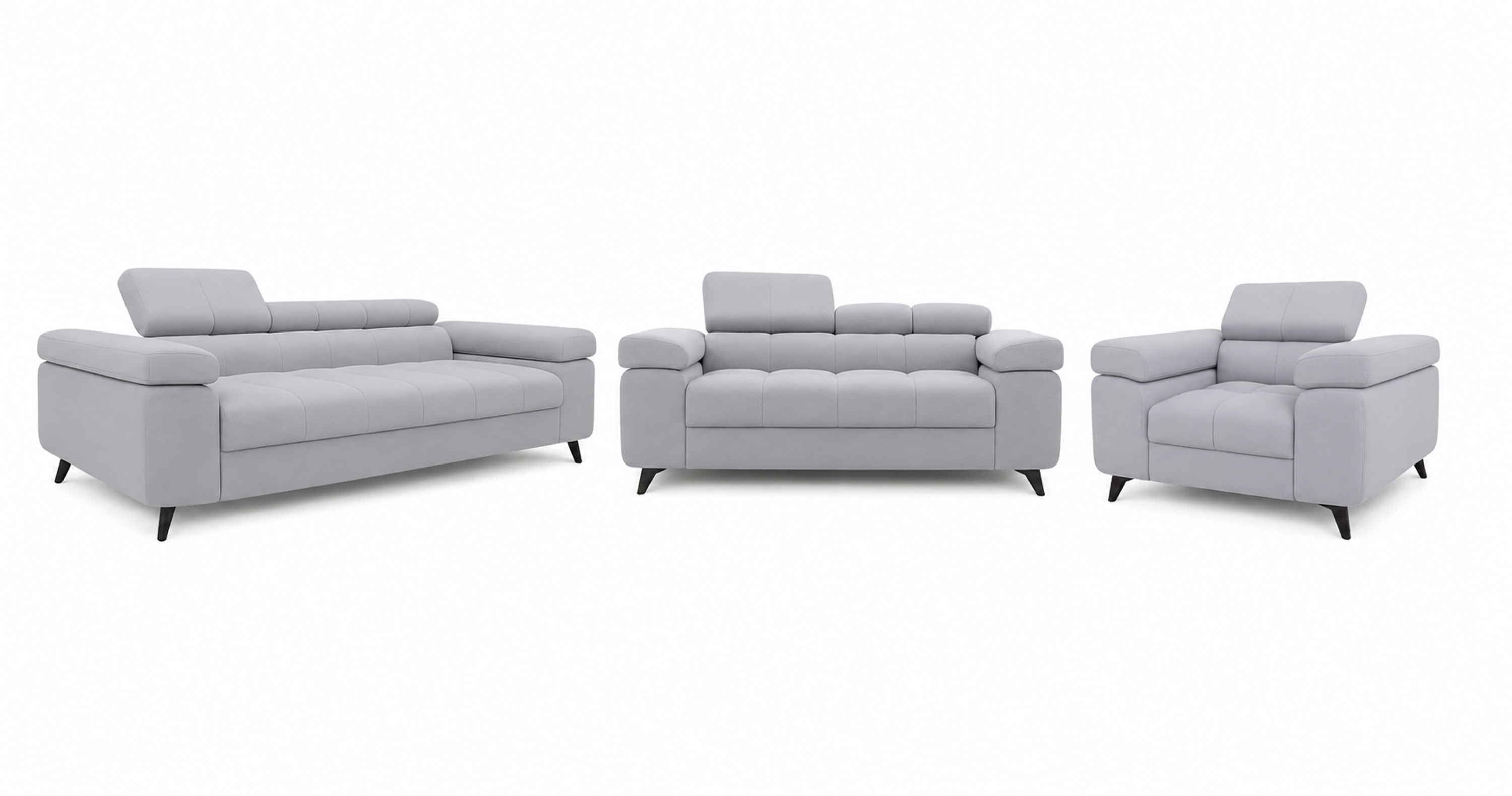 Exklusives Sofa-Set Utah Silbergrau Samt | 3-Sitzer mit Bettfunktion, 2-Sitzer & Sessel | Verstellbare Kopfstützen