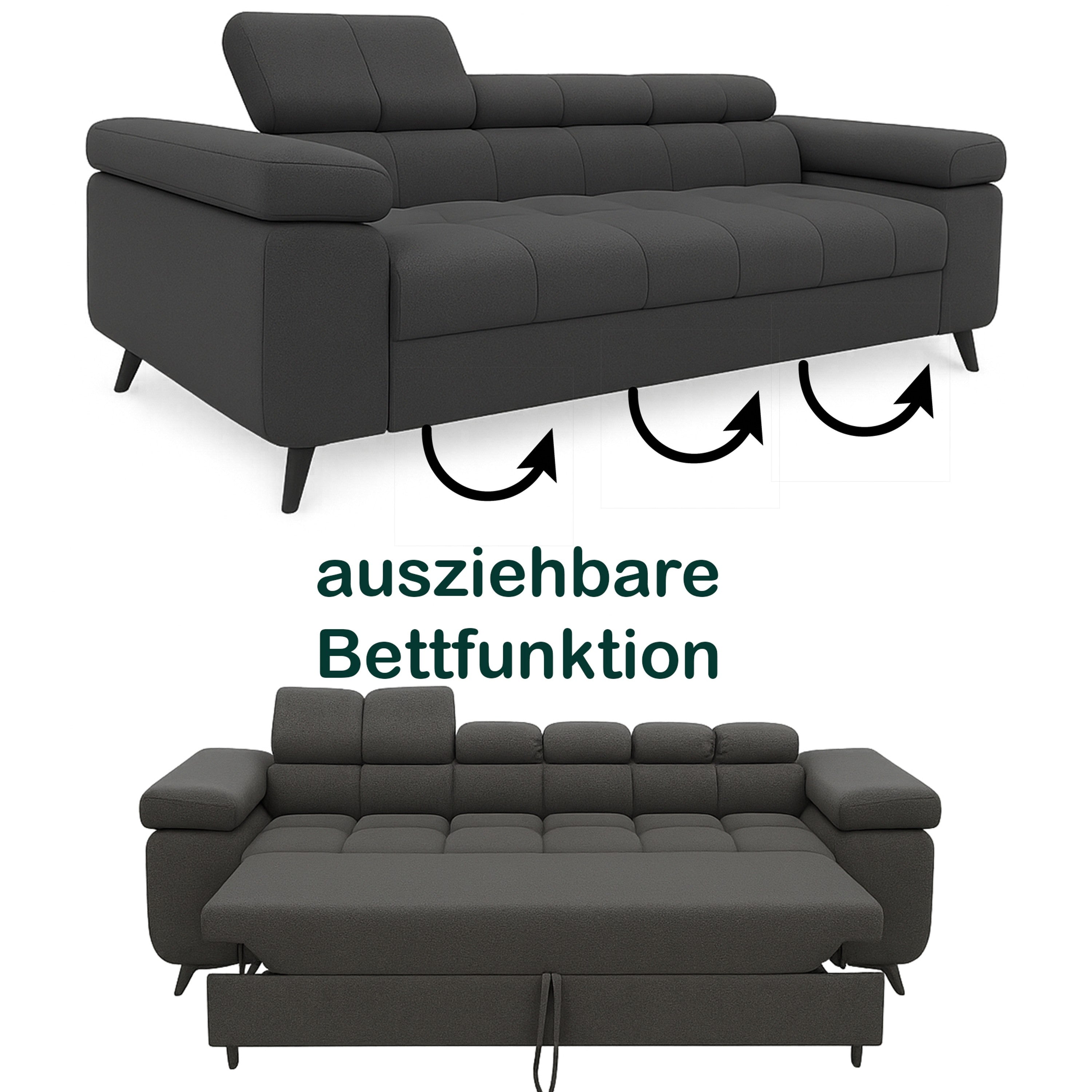 Exklusives Sofa-Set Utah Anthrazit Samt | 3-Sitzer mit Bettfunktion, 2-Sitzer & Sessel | Verstellbare Kopfstützen