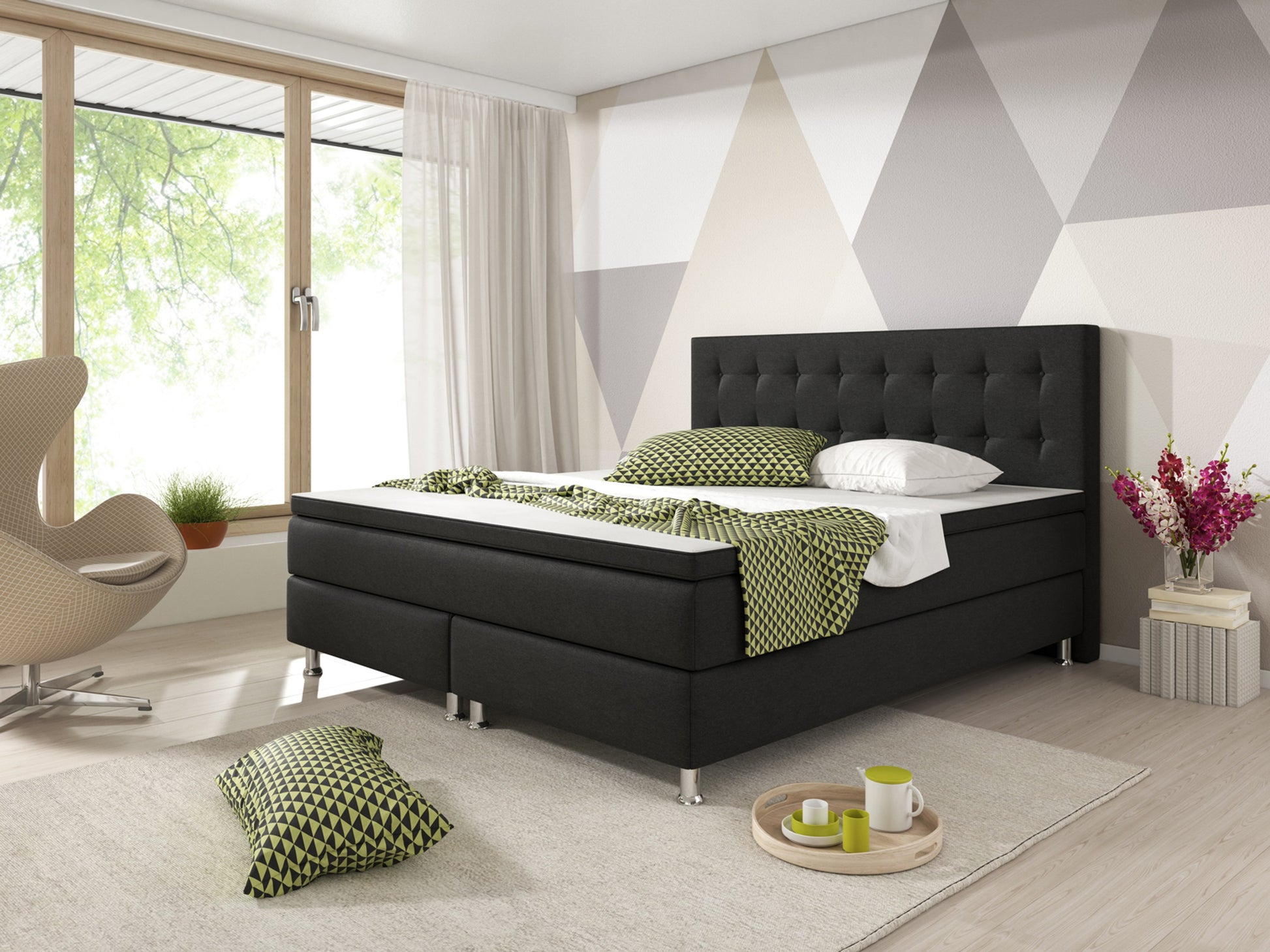 Boxspringbett KN001 180x200 cm Webstoff Schwarz – PU-Topper & Bonell-Federkern (H3) - Interbed