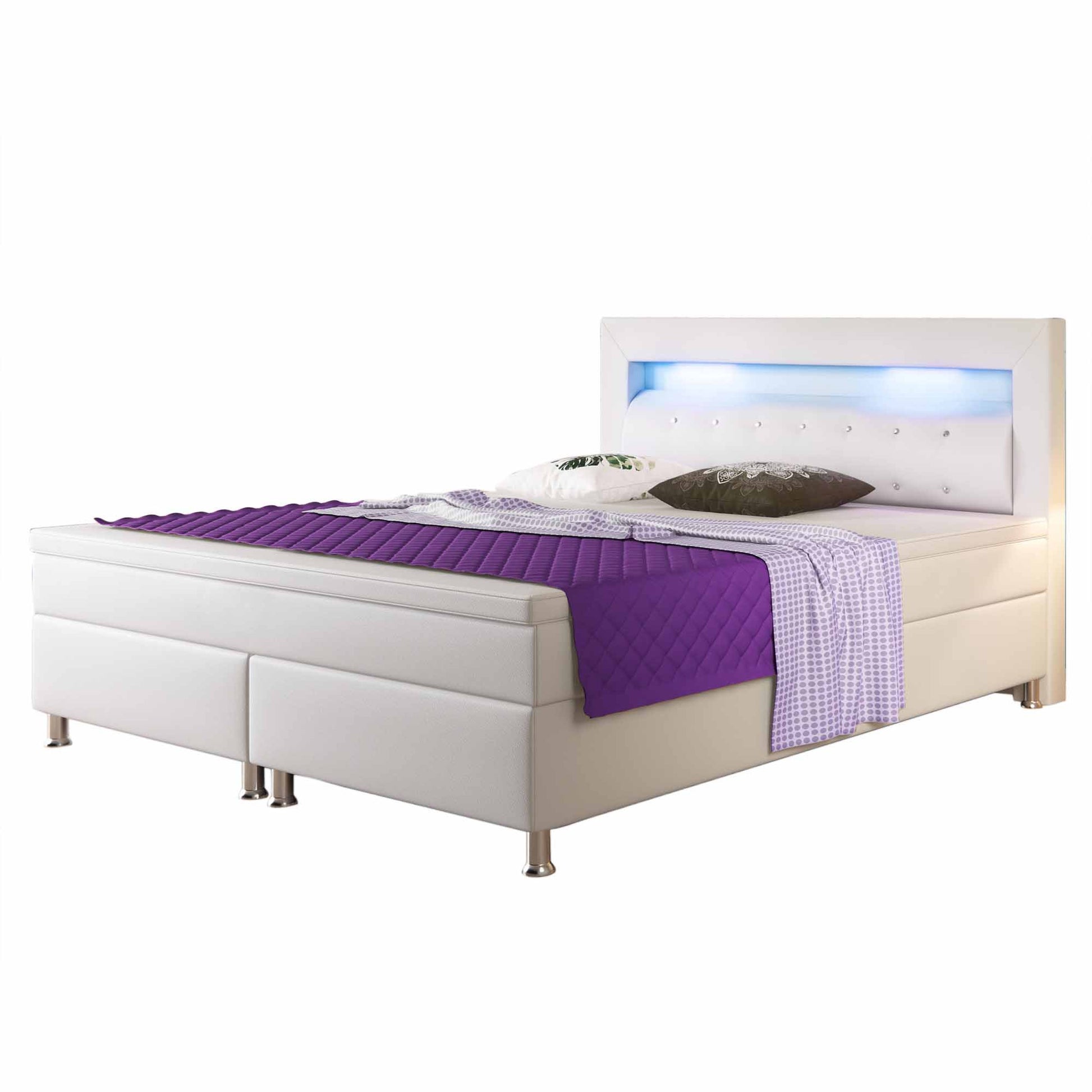 Boxspringbett Monaco 180x200 Weiß – Kunstleder, PU-Topper & LED - Interbed