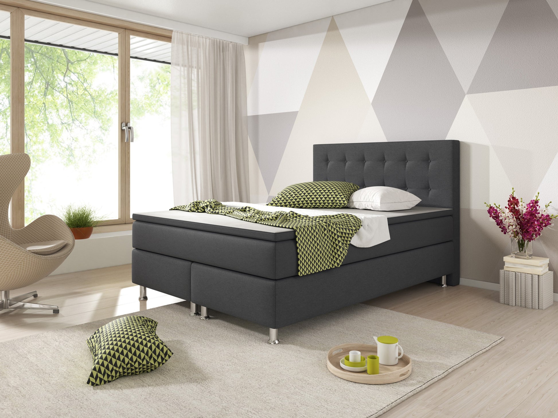 Boxspringbett KN003 140x200 cm Anthrazit – Webstoff, Bonellfederkern & Topper - Interbed