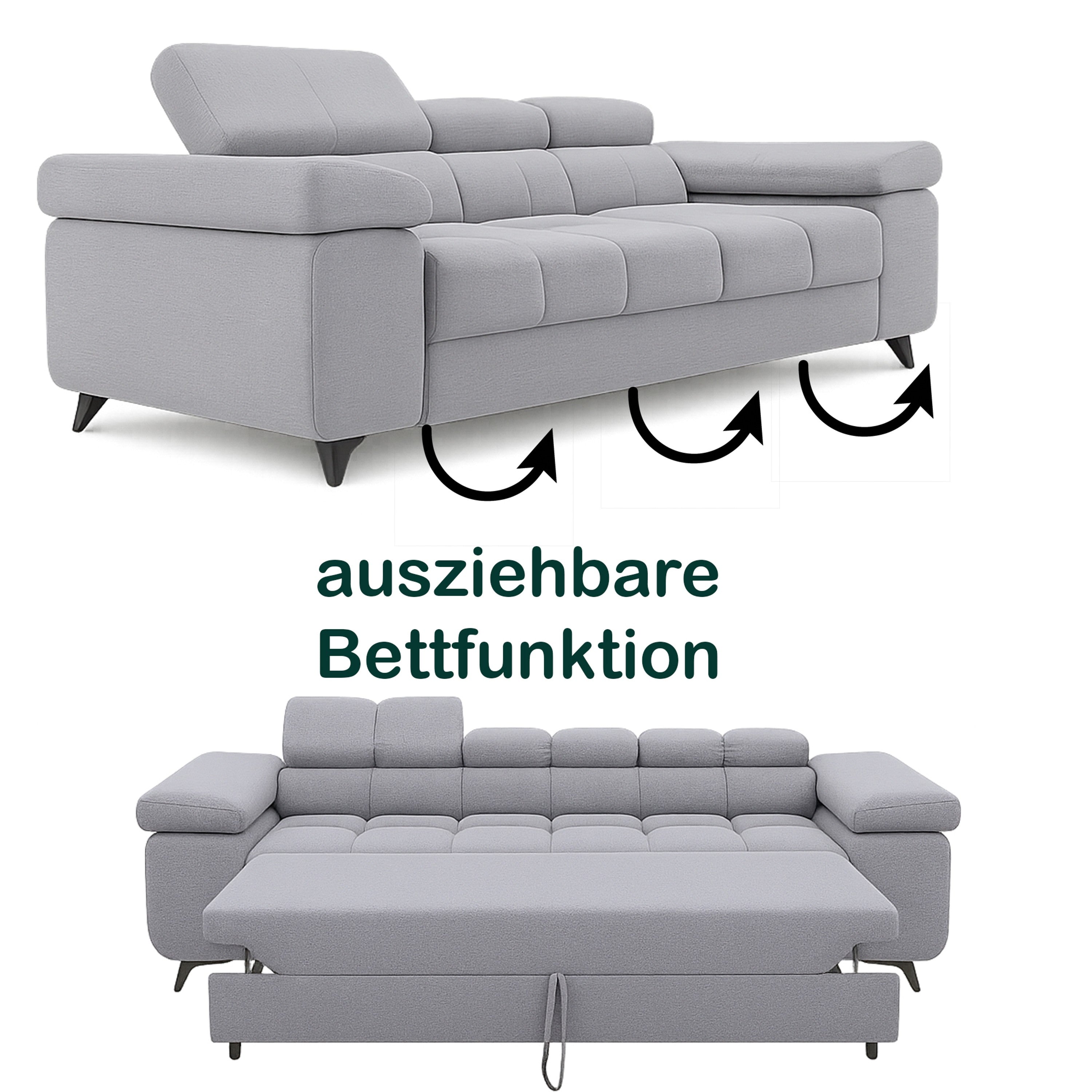 Exklusives Sofa-Set Utah Silbergrau Samt | 3-Sitzer mit Bettfunktion, 2-Sitzer & Sessel | Verstellbare Kopfstützen
