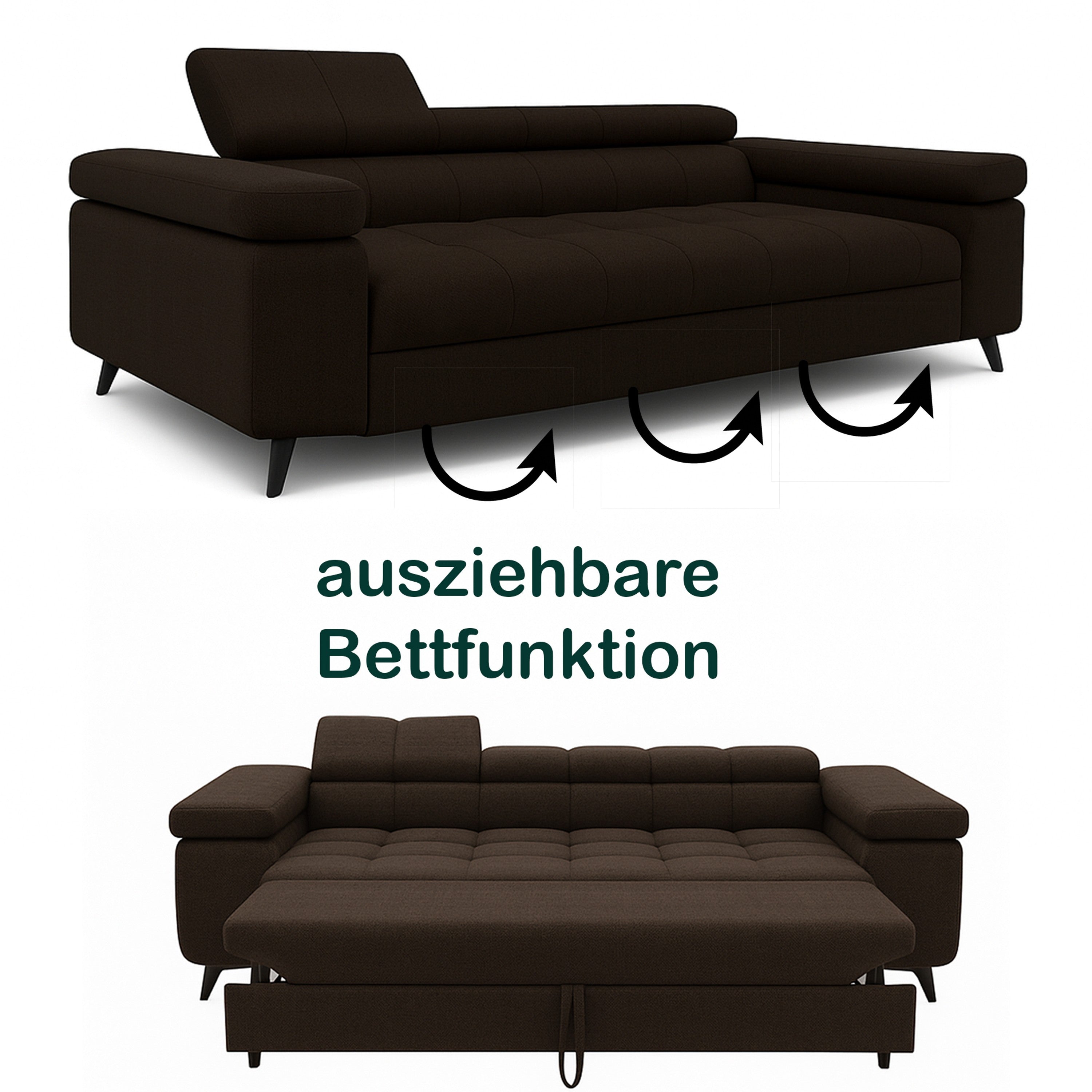 Exklusives Sofa-Set Utah Braun Samt | 3-Sitzer mit Bettfunktion, 2-Sitzer & Sessel | Verstellbare Kopfstützen