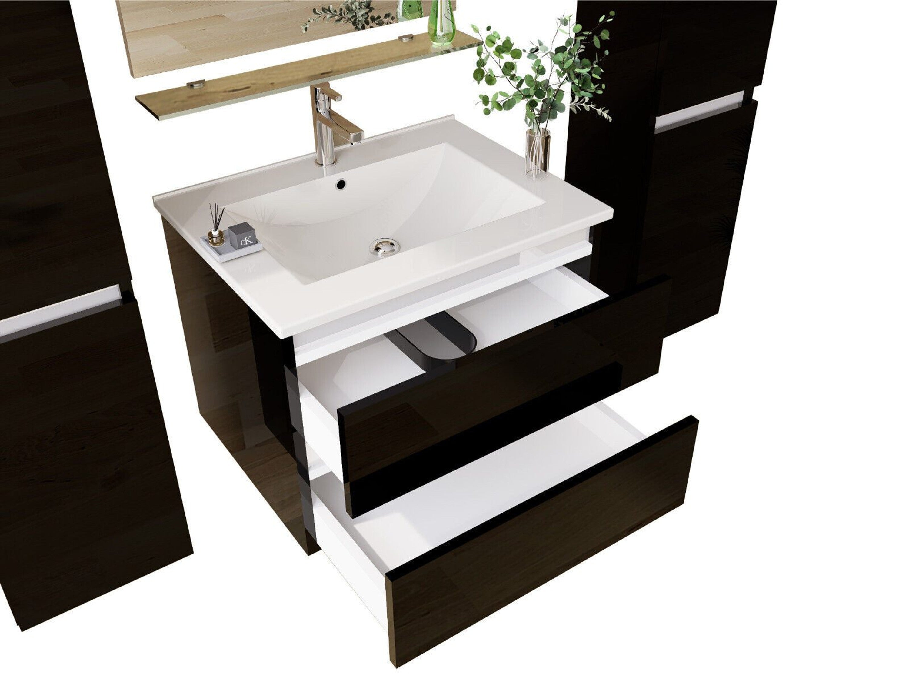 Badmöbel Set Kairo 6-teilig (60 cm) – Schwarz, inkl. Keramik-Waschbecken