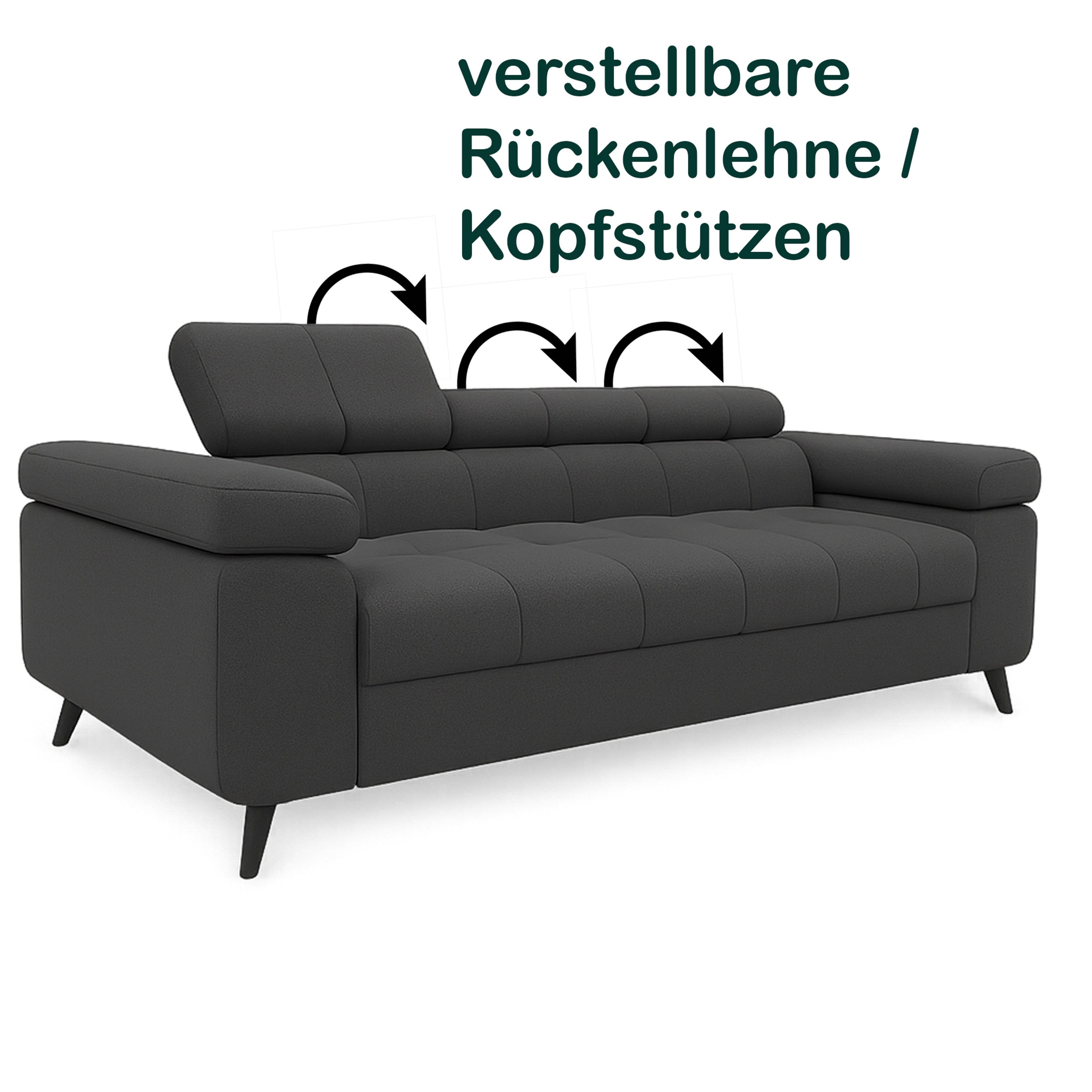 Exklusives Sofa-Set Utah Anthrazit Samt | 3-Sitzer mit Bettfunktion, 2-Sitzer & Sessel | Verstellbare Kopfstützen