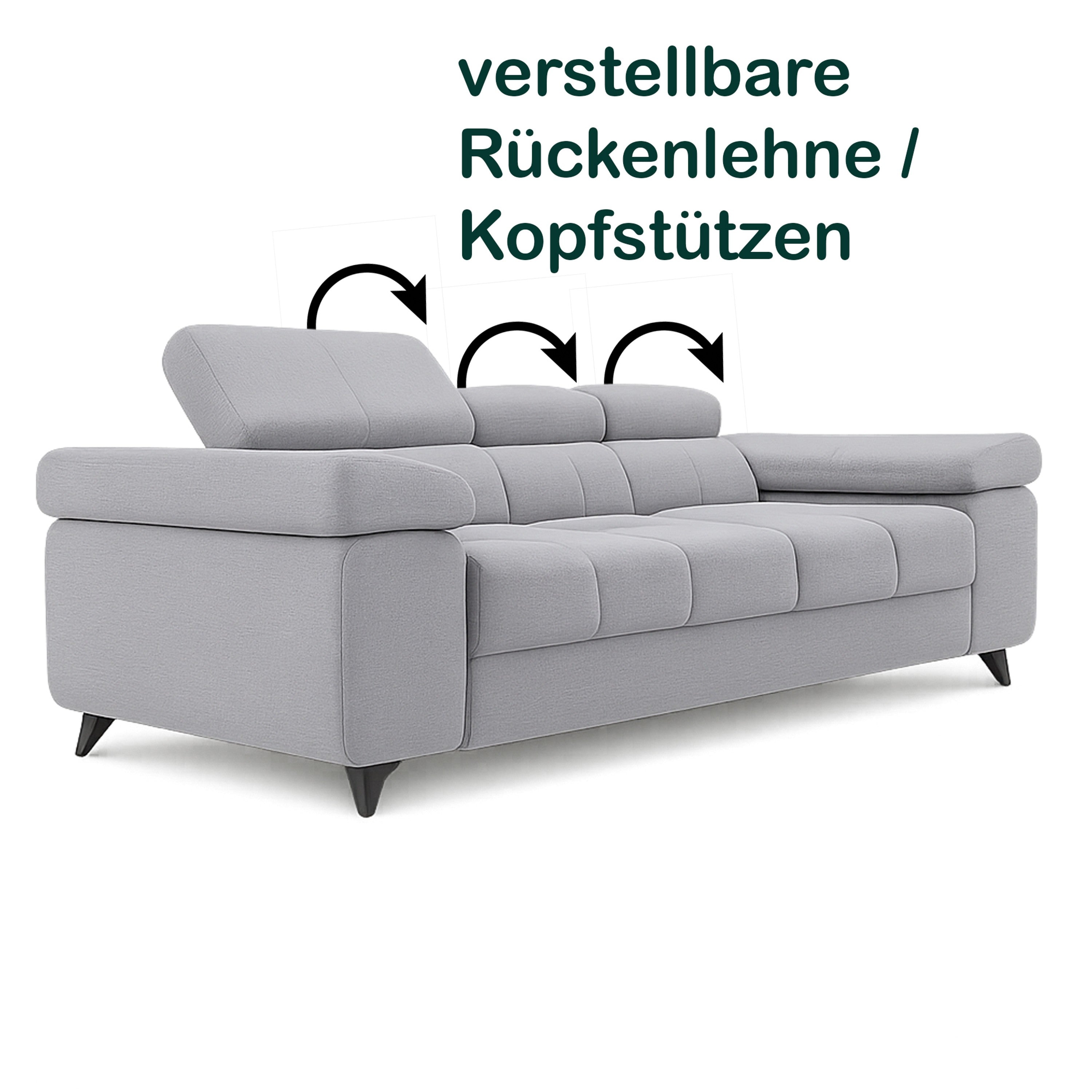 Exklusives Sofa-Set Utah Silbergrau Samt | 3-Sitzer mit Bettfunktion, 2-Sitzer & Sessel | Verstellbare Kopfstützen