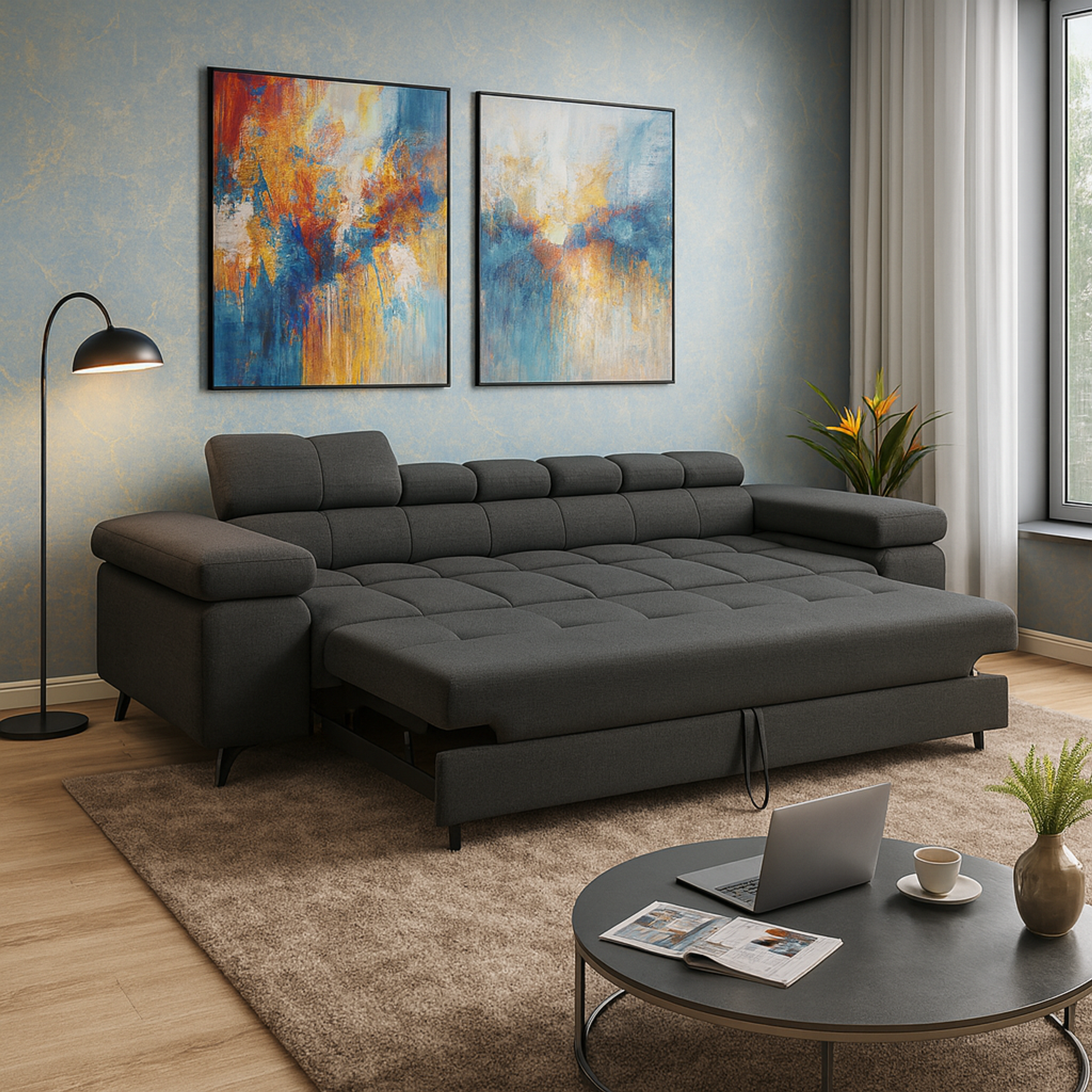 Exklusives Sofa-Set Utah Anthrazit Samt | 3-Sitzer mit Bettfunktion, 2-Sitzer & Sessel | Verstellbare Kopfstützen