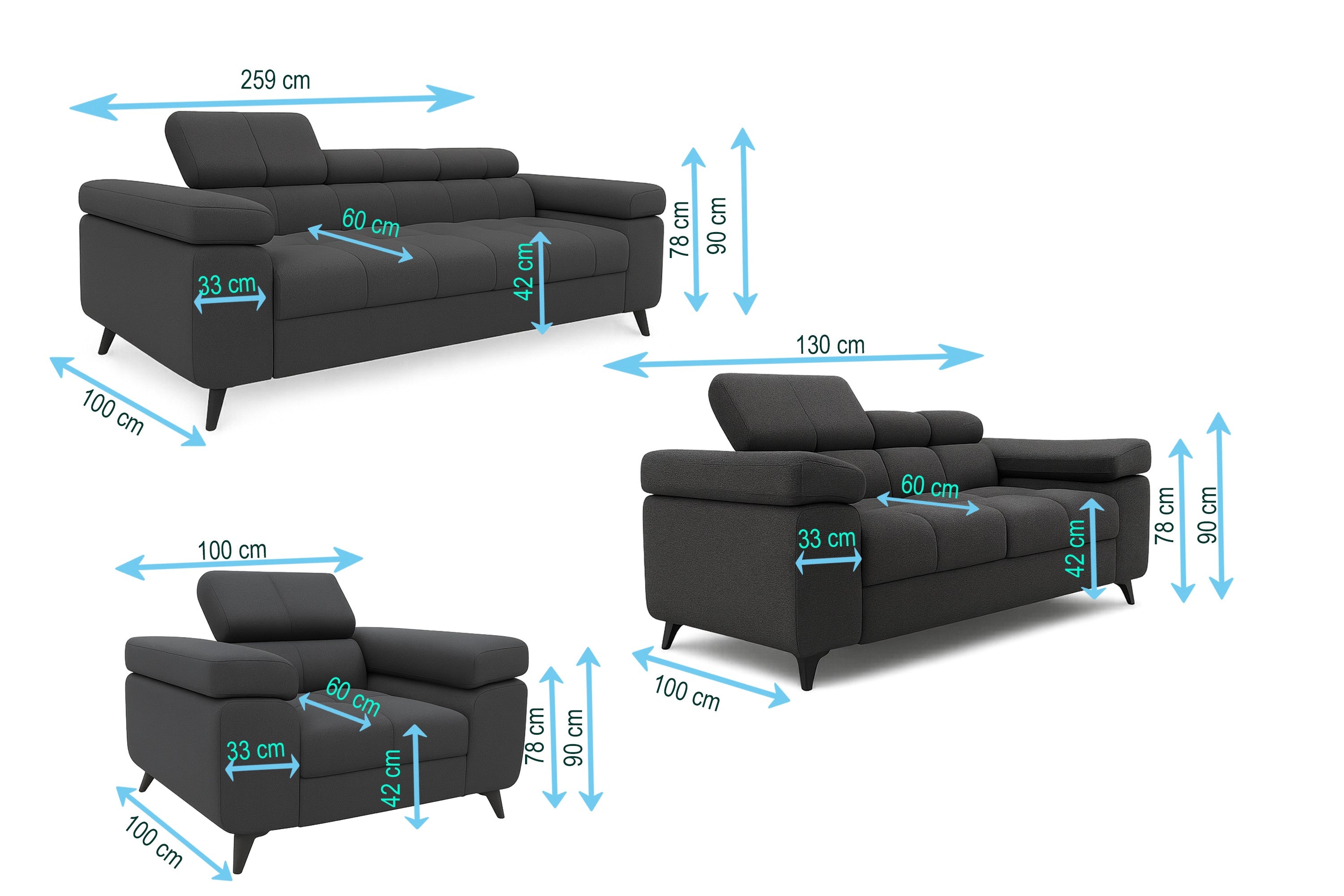 Exklusives Sofa-Set Utah Anthrazit Samt | 3-Sitzer mit Bettfunktion, 2-Sitzer & Sessel | Verstellbare Kopfstützen
