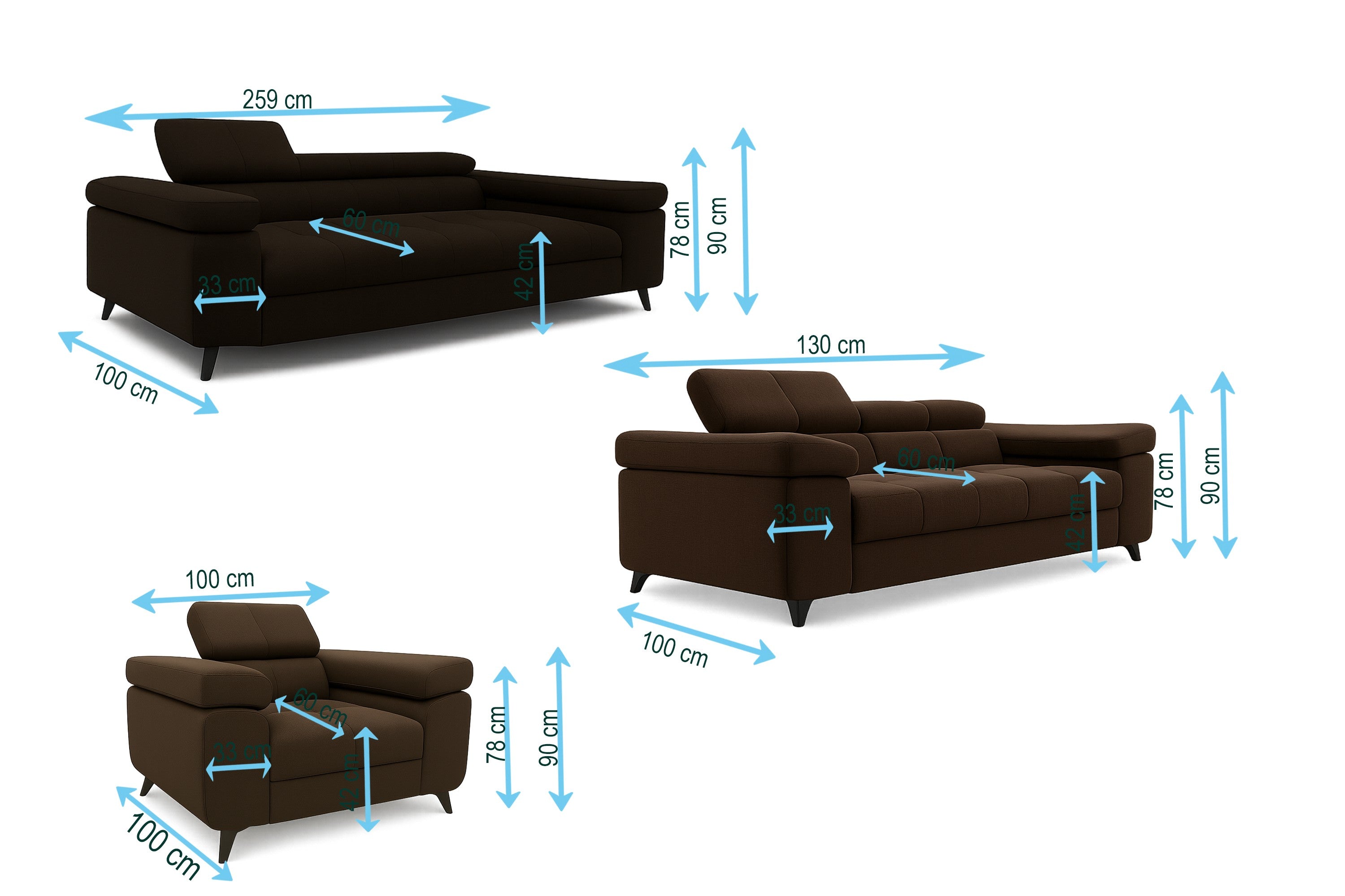 Exklusives Sofa-Set Utah Braun Samt | 3-Sitzer mit Bettfunktion, 2-Sitzer & Sessel | Verstellbare Kopfstützen
