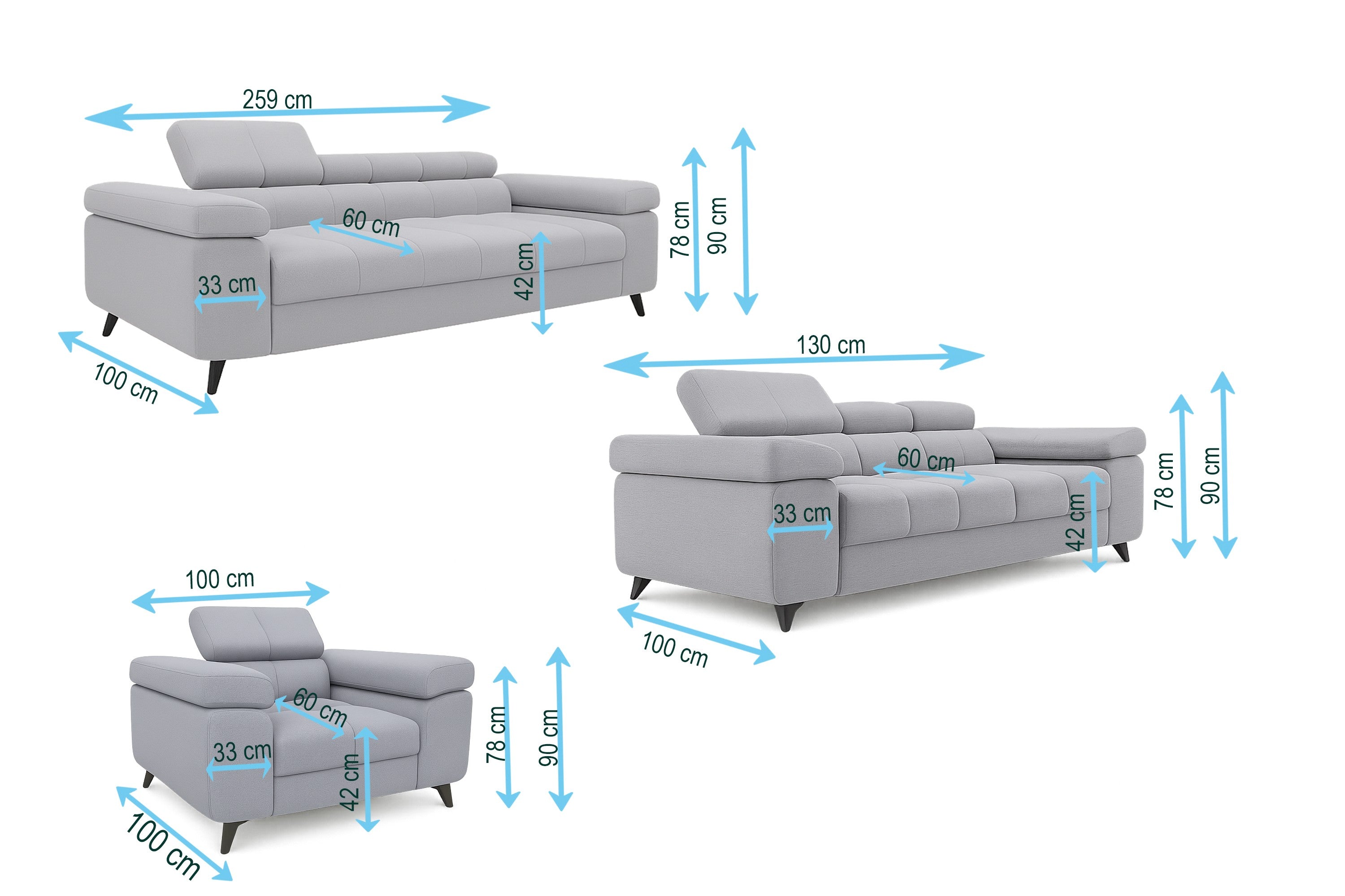 Exklusives Sofa-Set Utah Silbergrau Samt | 3-Sitzer mit Bettfunktion, 2-Sitzer & Sessel | Verstellbare Kopfstützen