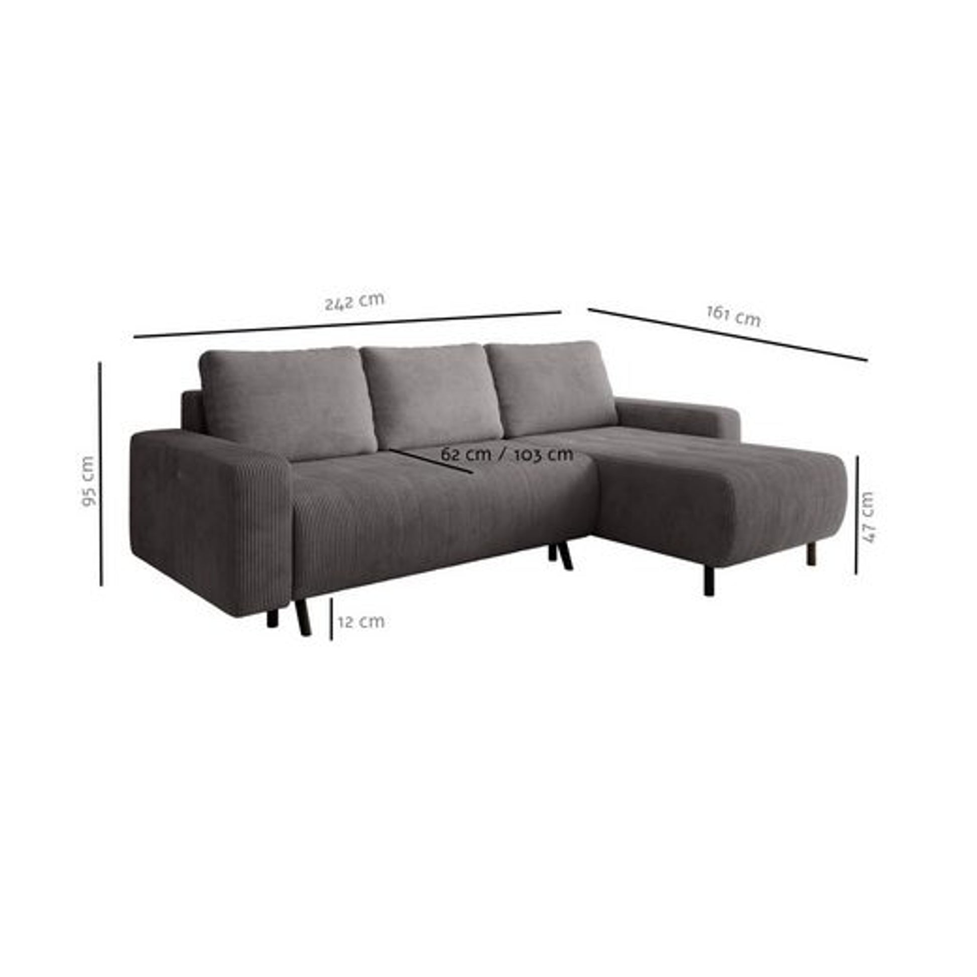 Wohnlandschaft Ecksofa IBIZA Cord Grau mit elektrischer Sitztiefenverstellung Bett Sofa Schlafsofa Ottomane links/rechts universell - Interbed