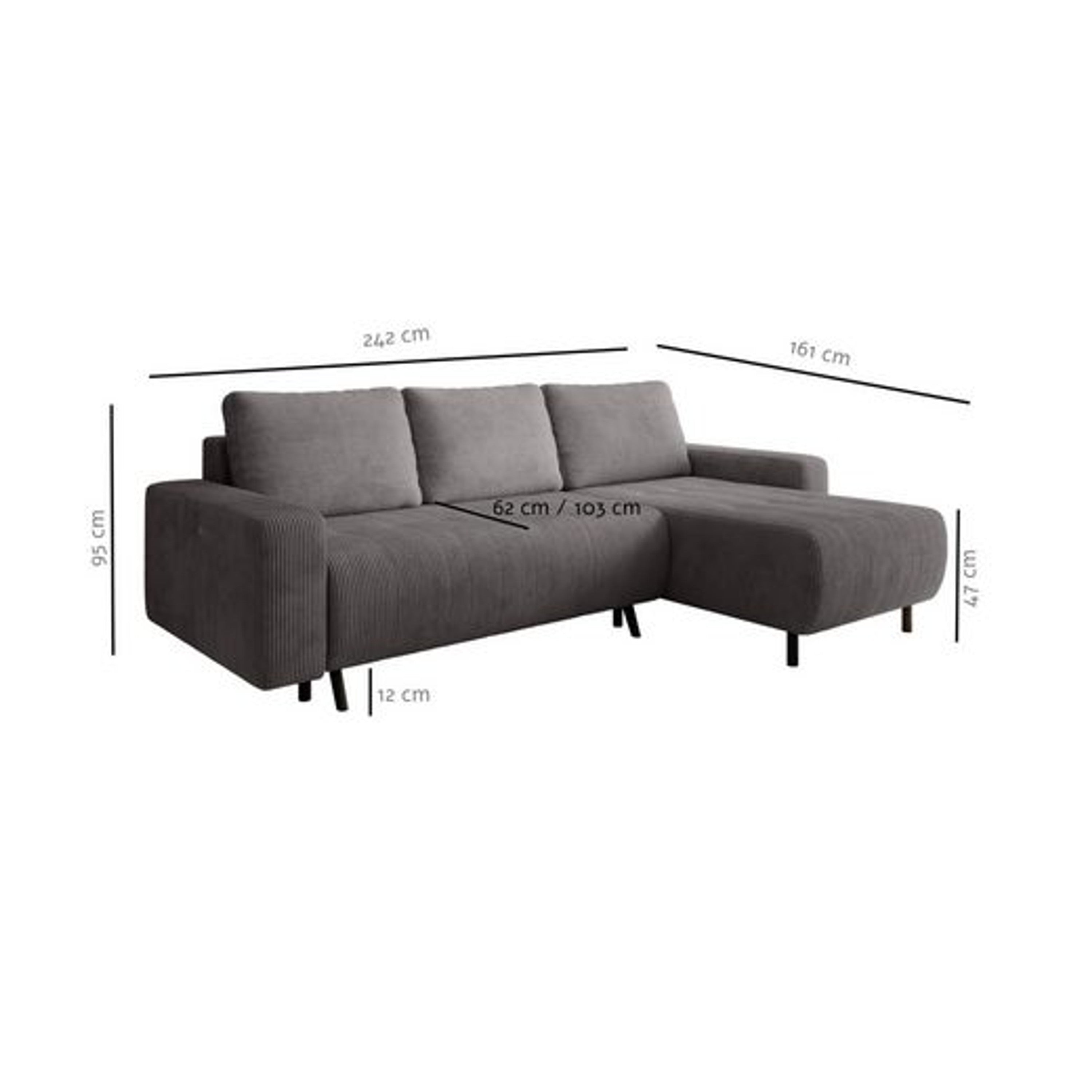 Wohnlandschaft Ecksofa IBIZA Cord Grau mit elektrischer Sitztiefenverstellung Bett Sofa Schlafsofa Ottomane links/rechts universell - Interbed