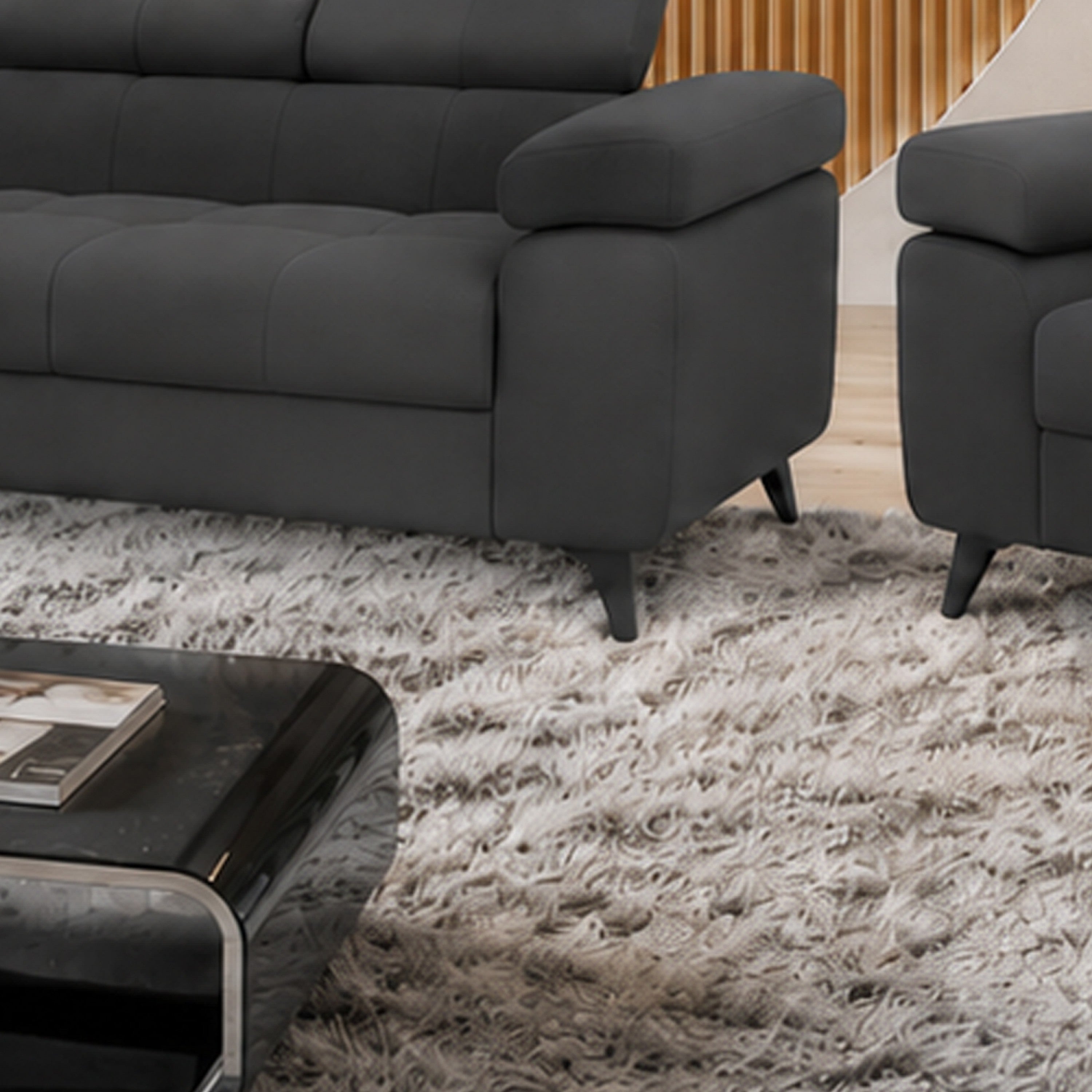Exklusives Sofa-Set Utah Anthrazit Samt | 3-Sitzer mit Bettfunktion, 2-Sitzer & Sessel | Verstellbare Kopfstützen
