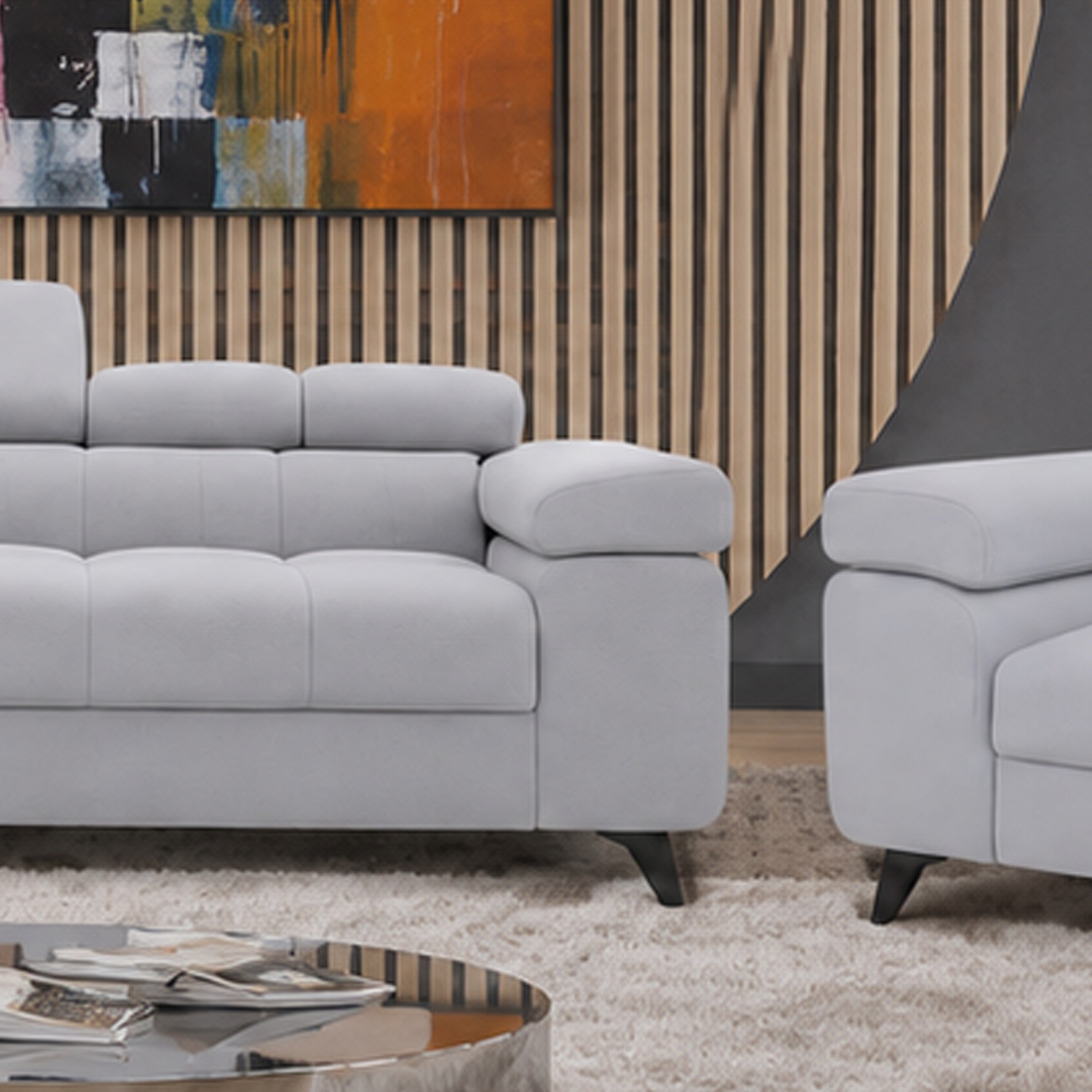 Exklusives Sofa-Set Utah Silbergrau Samt | 3-Sitzer mit Bettfunktion, 2-Sitzer & Sessel | Verstellbare Kopfstützen