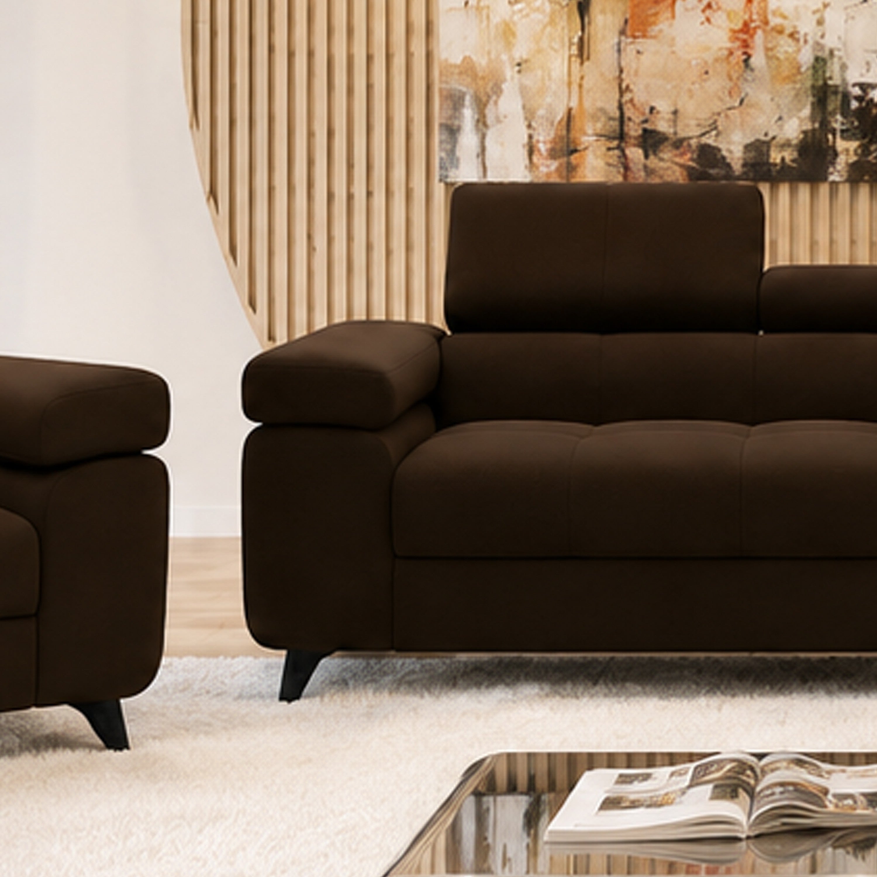 Exklusives Sofa-Set Utah Braun Samt | 3-Sitzer mit Bettfunktion, 2-Sitzer & Sessel | Verstellbare Kopfstützen