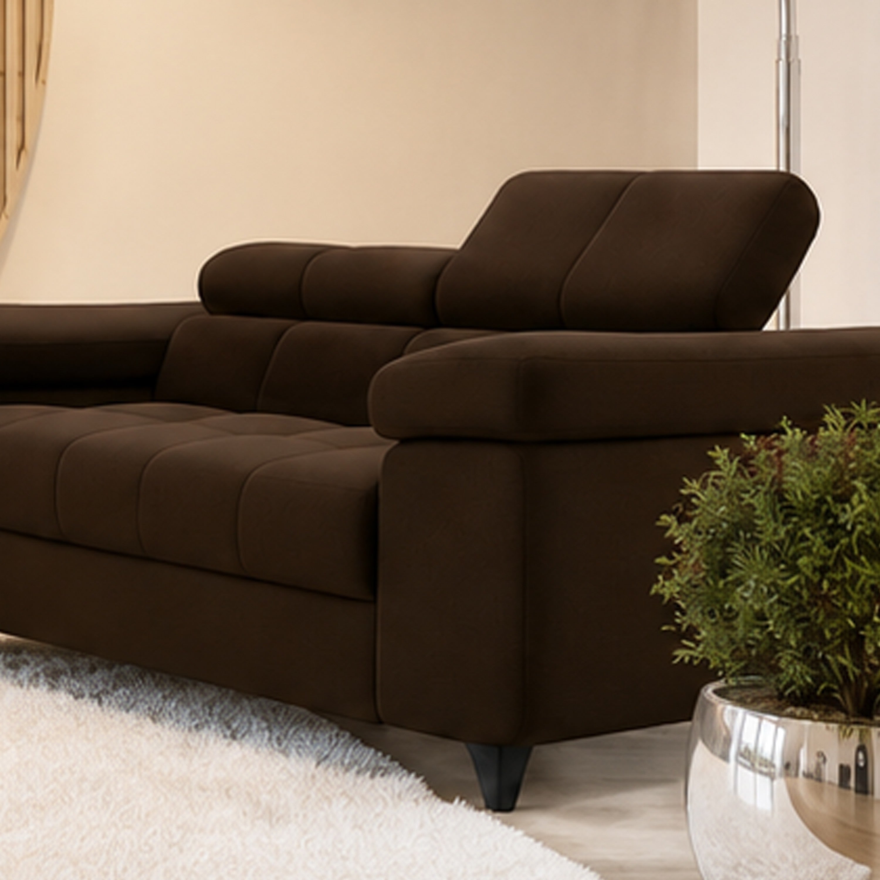 Exklusives Sofa-Set Utah Braun Samt | 3-Sitzer mit Bettfunktion, 2-Sitzer & Sessel | Verstellbare Kopfstützen