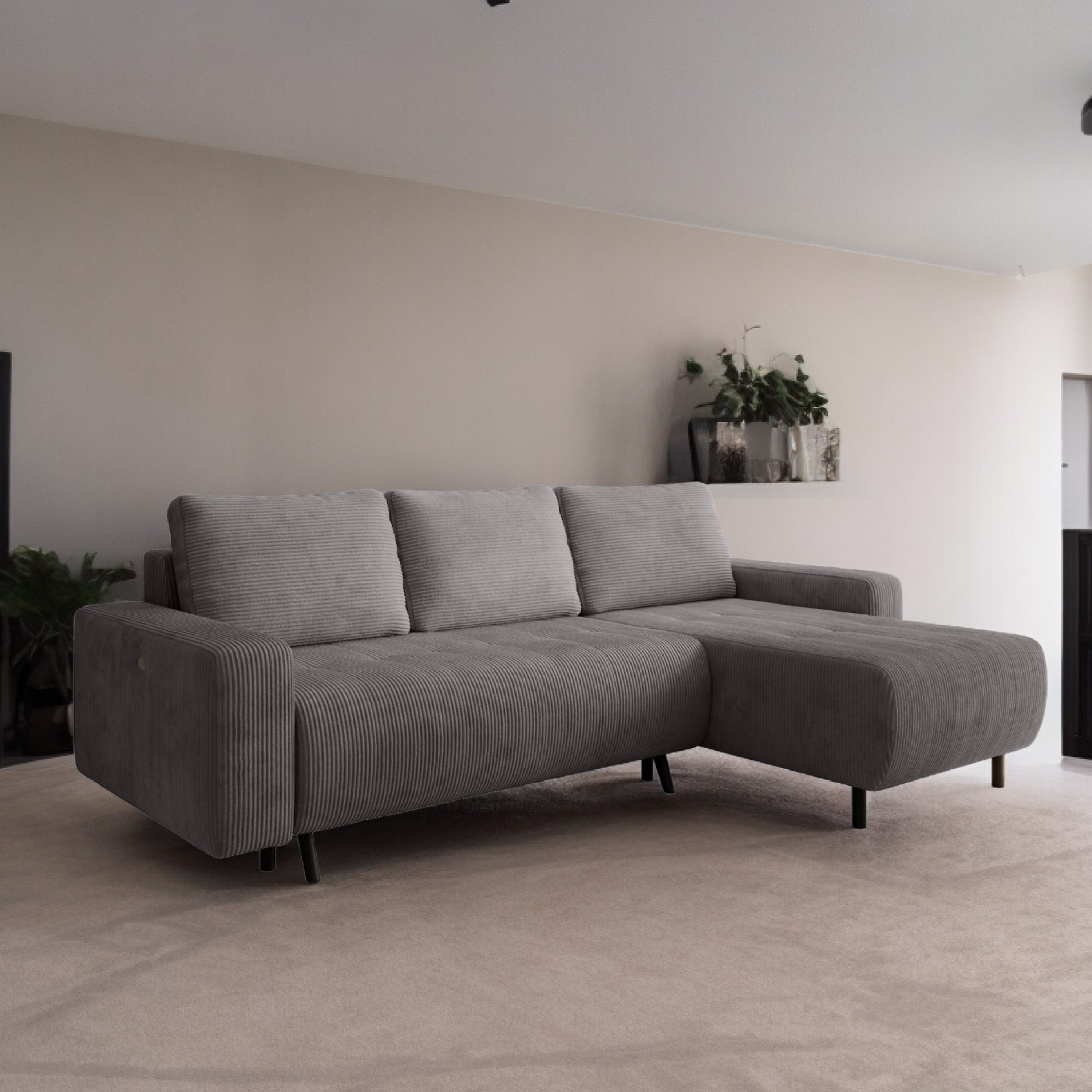 Wohnlandschaft Ecksofa IBIZA Cord Grau mit elektrischer Sitztiefenverstellung Bett Sofa Schlafsofa Ottomane links/rechts universell - Interbed