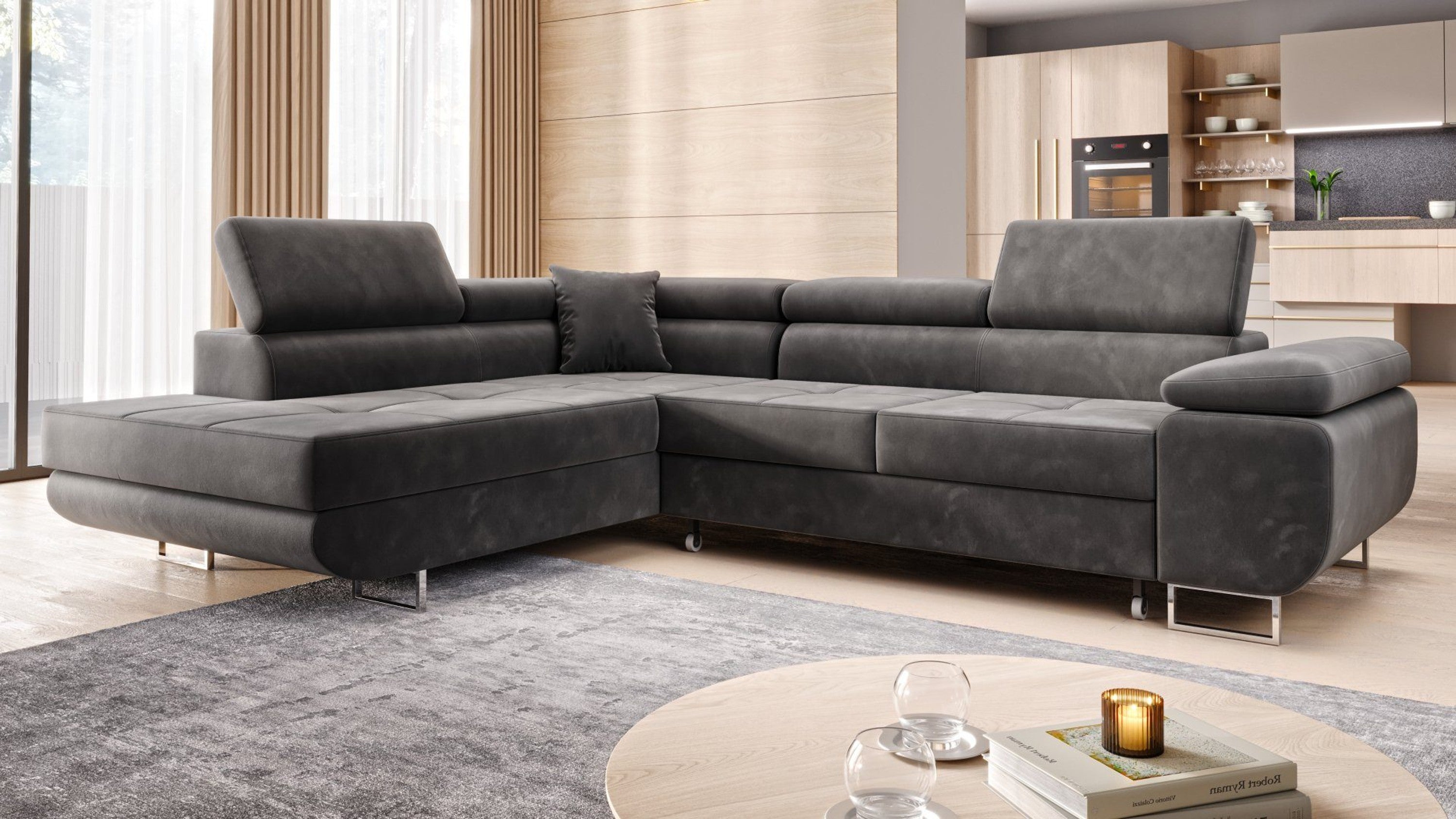 Ecksofa MALTA Samt Grau Ottomane links - Interbed