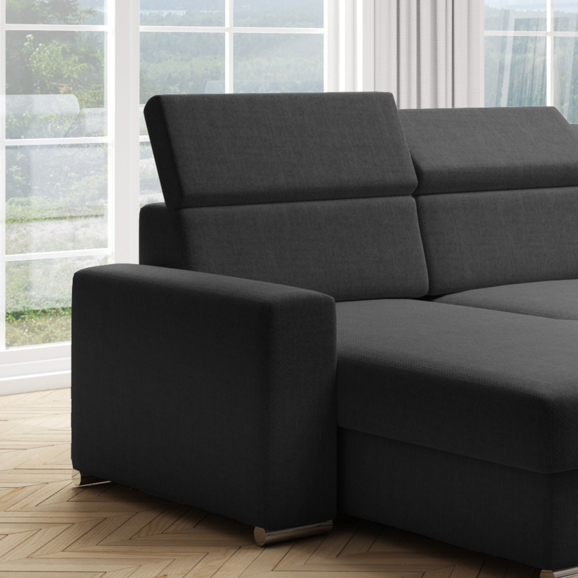 Wohnlandschaft U-Form VALENCIA Webstoff Schwarz mit Bett und Bettkasten Sofa Schlafsofa - Interbed