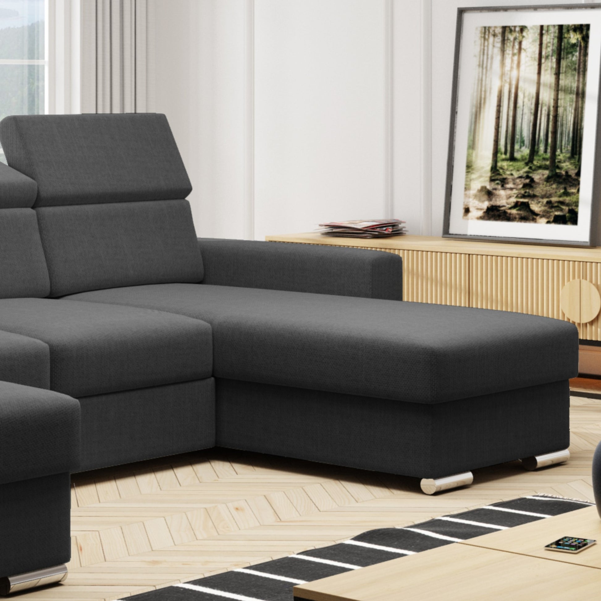 Wohnlandschaft U-Form VALENCIA Webstoff Schwarz mit Bett und Bettkasten Sofa Schlafsofa - Interbed
