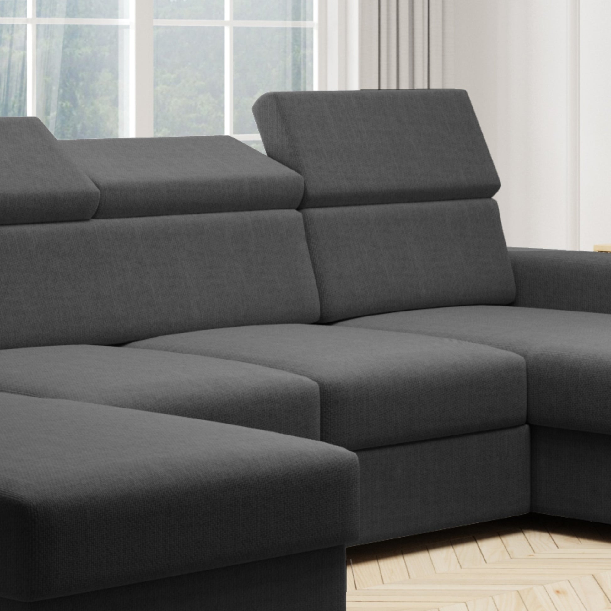 Wohnlandschaft U-Form VALENCIA Webstoff Schwarz mit Bett und Bettkasten Sofa Schlafsofa - Interbed