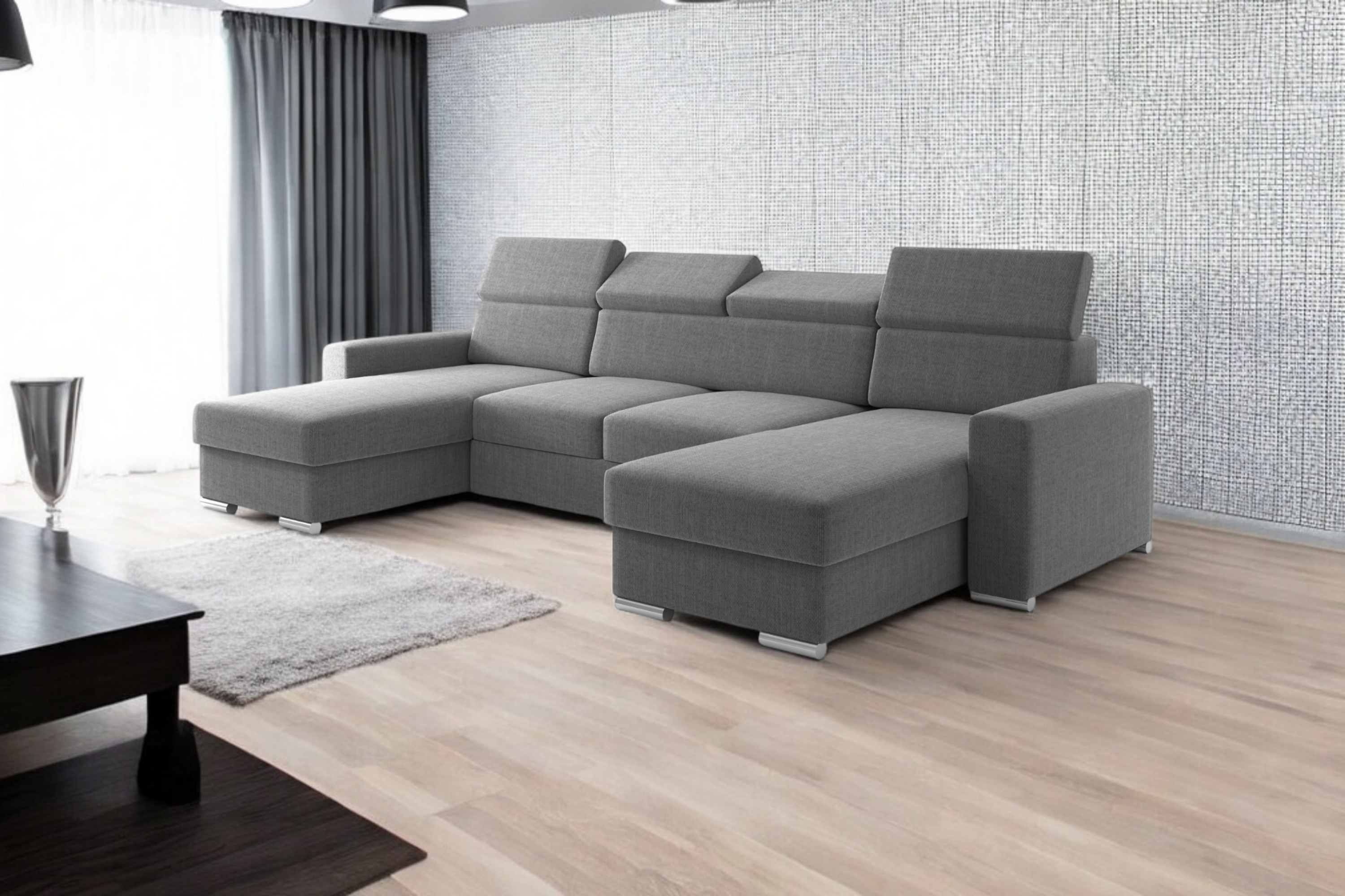 Wohnlandschaft U-Form VALENCIA Webstoff Anthrazit Grau mit Bett und Bettkasten Sofa Schlafsofa - Interbed