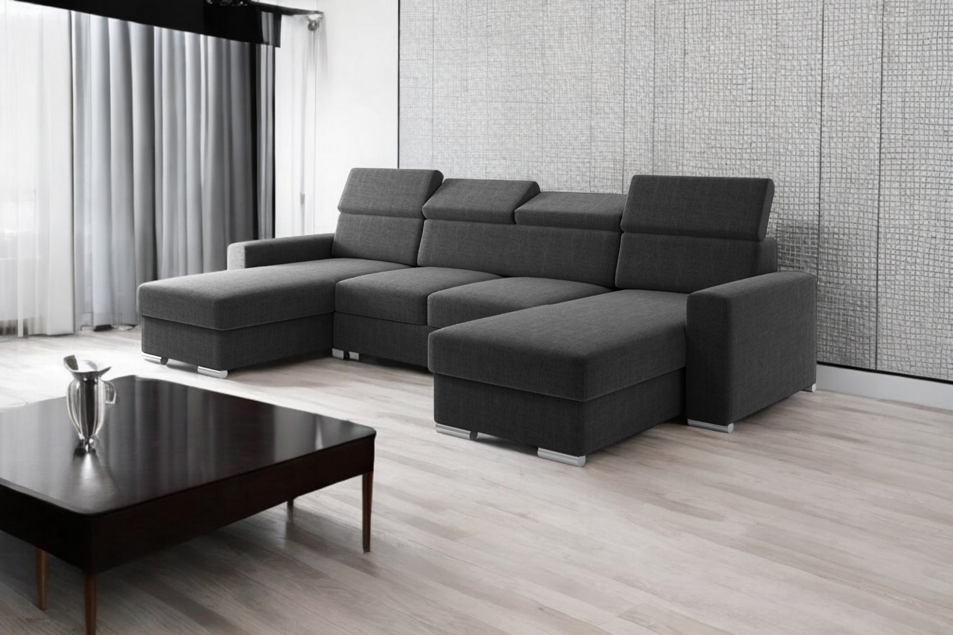 Wohnlandschaft U-Form VALENCIA Webstoff Schwarz mit Bett und Bettkasten Sofa Schlafsofa - Interbed