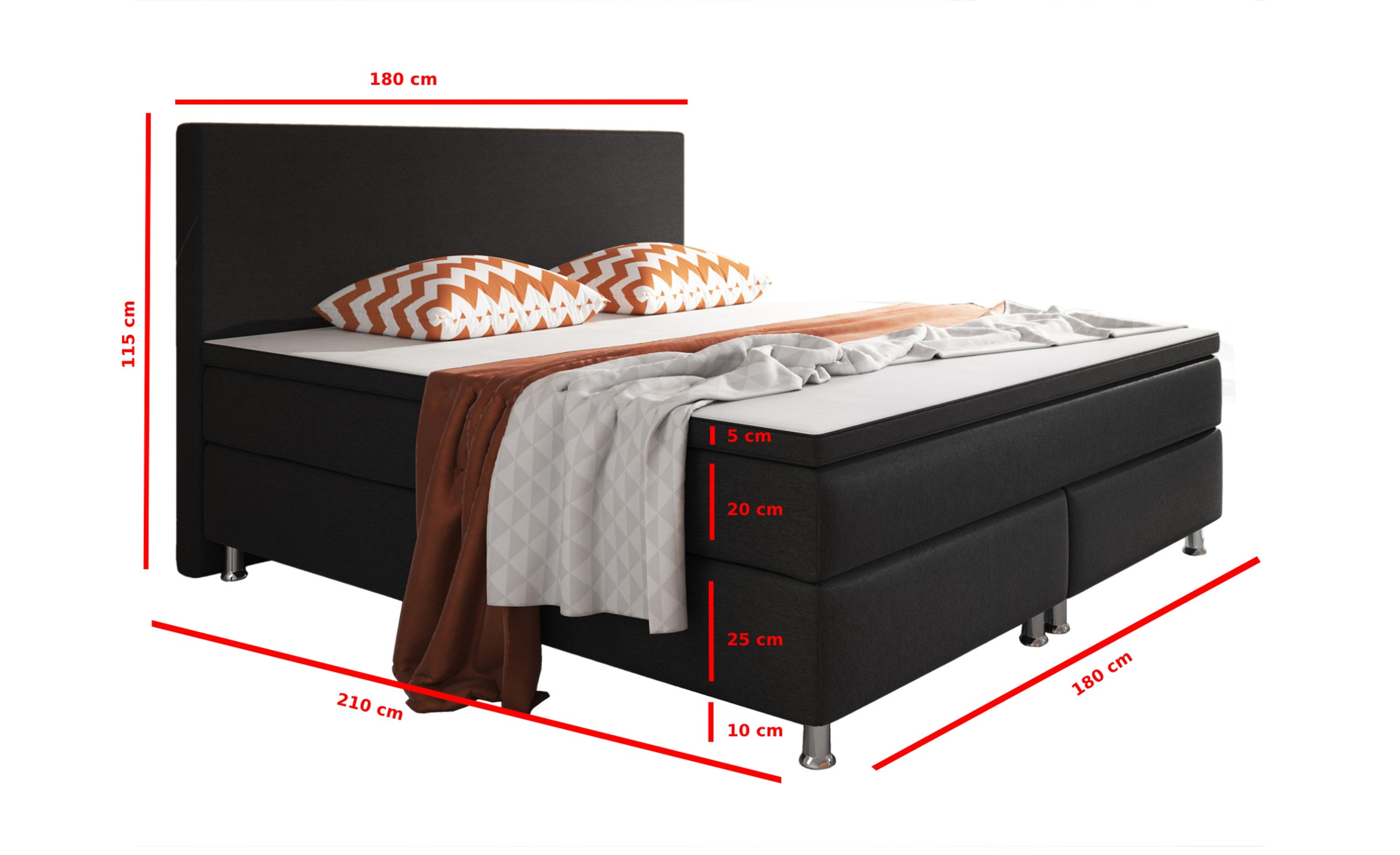Boxspringbett Berlin 180x200 – Webstoff Schwarz mit PU-Topper - Interbed