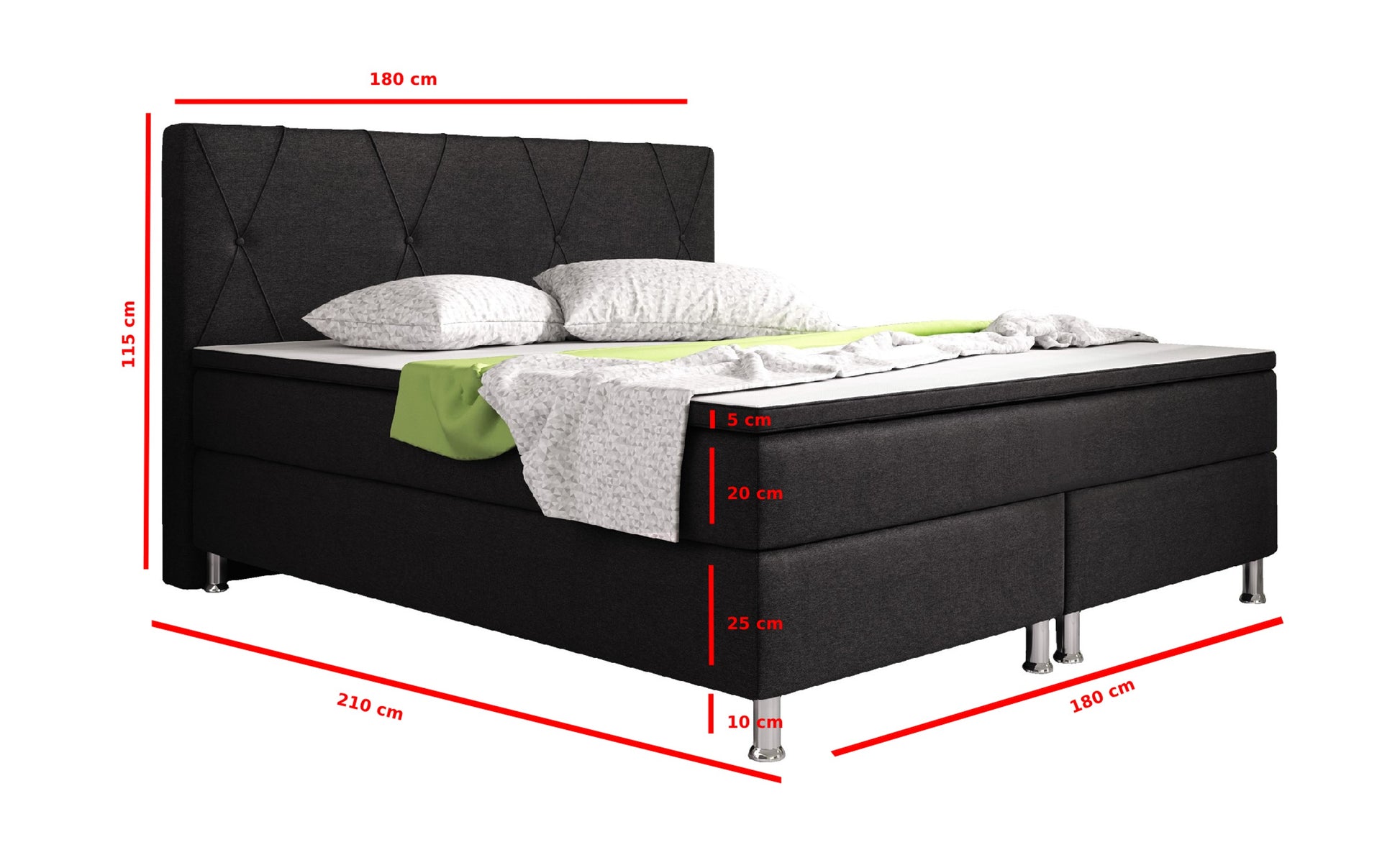 Boxspringbett Boston 180x200 cm – Webstoff Schwarz mit PU-Topper - Interbed